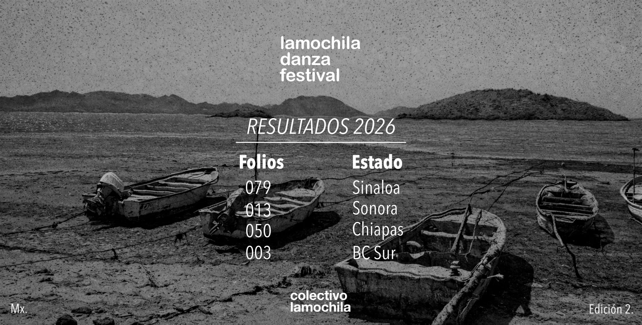 Cartel del festival de danza lamochila 2026 con fondo de barcos en una playa, en tono negro y blanco, con resultados de participación por estados y folios, y texto en español.
