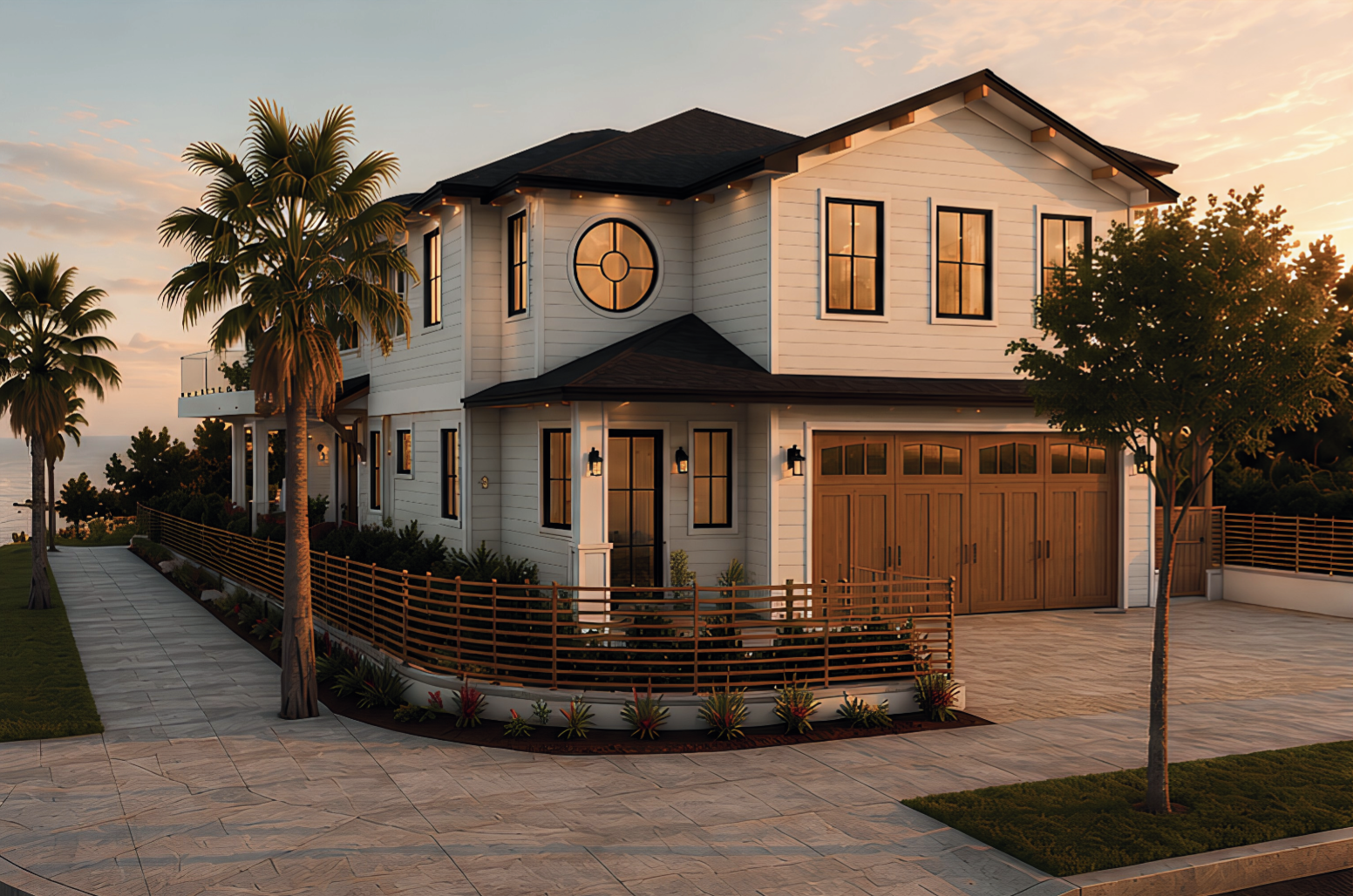 A modern, two-story house with white siding, black window frames, and a wooden garage door. The house is surrounded by palm trees, a landscaped yard, and a paved walkway at sunset.