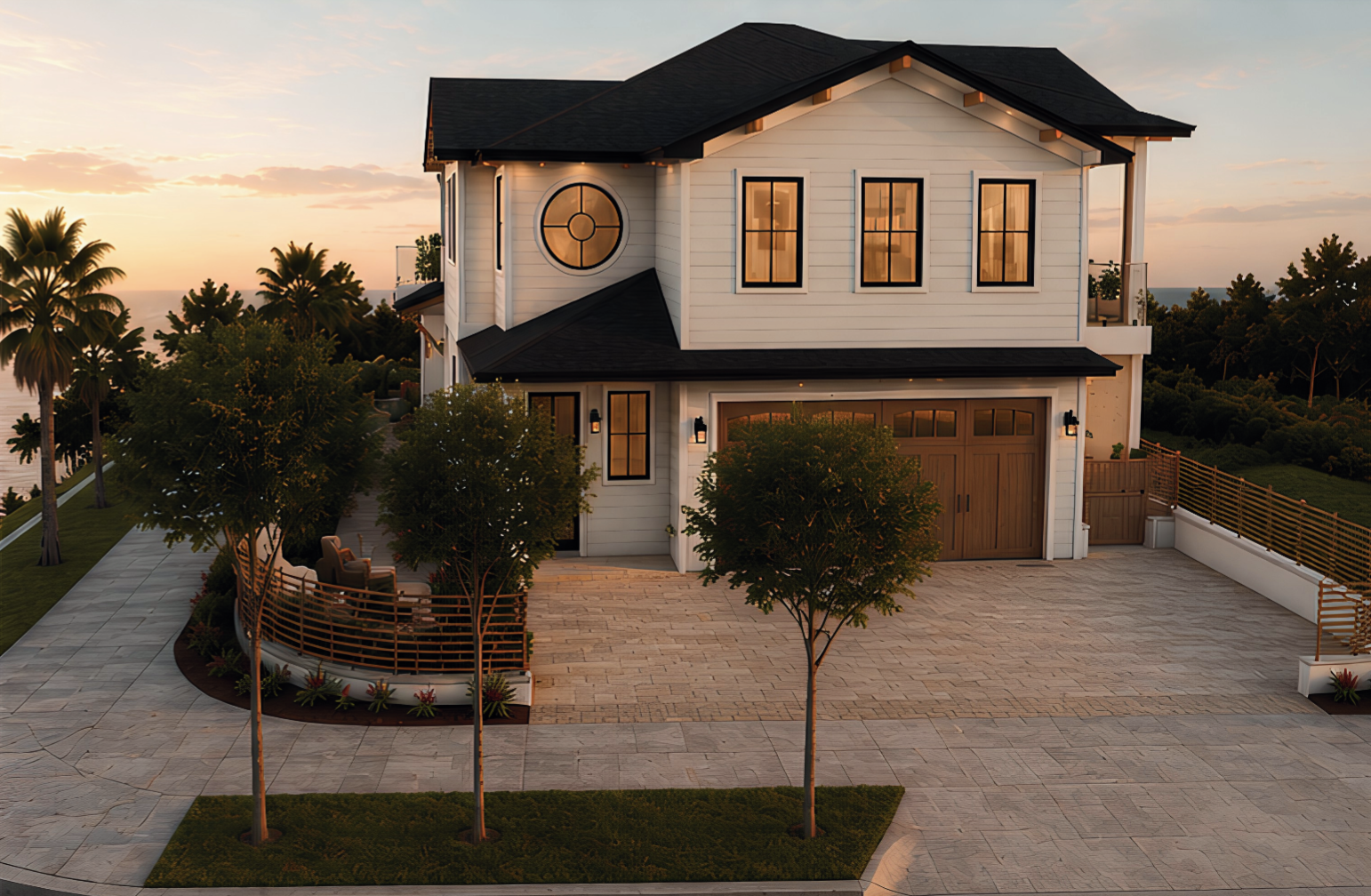 A large white house at sunset with black roof, surrounded by trees and a spacious driveway, overlooking the water.
