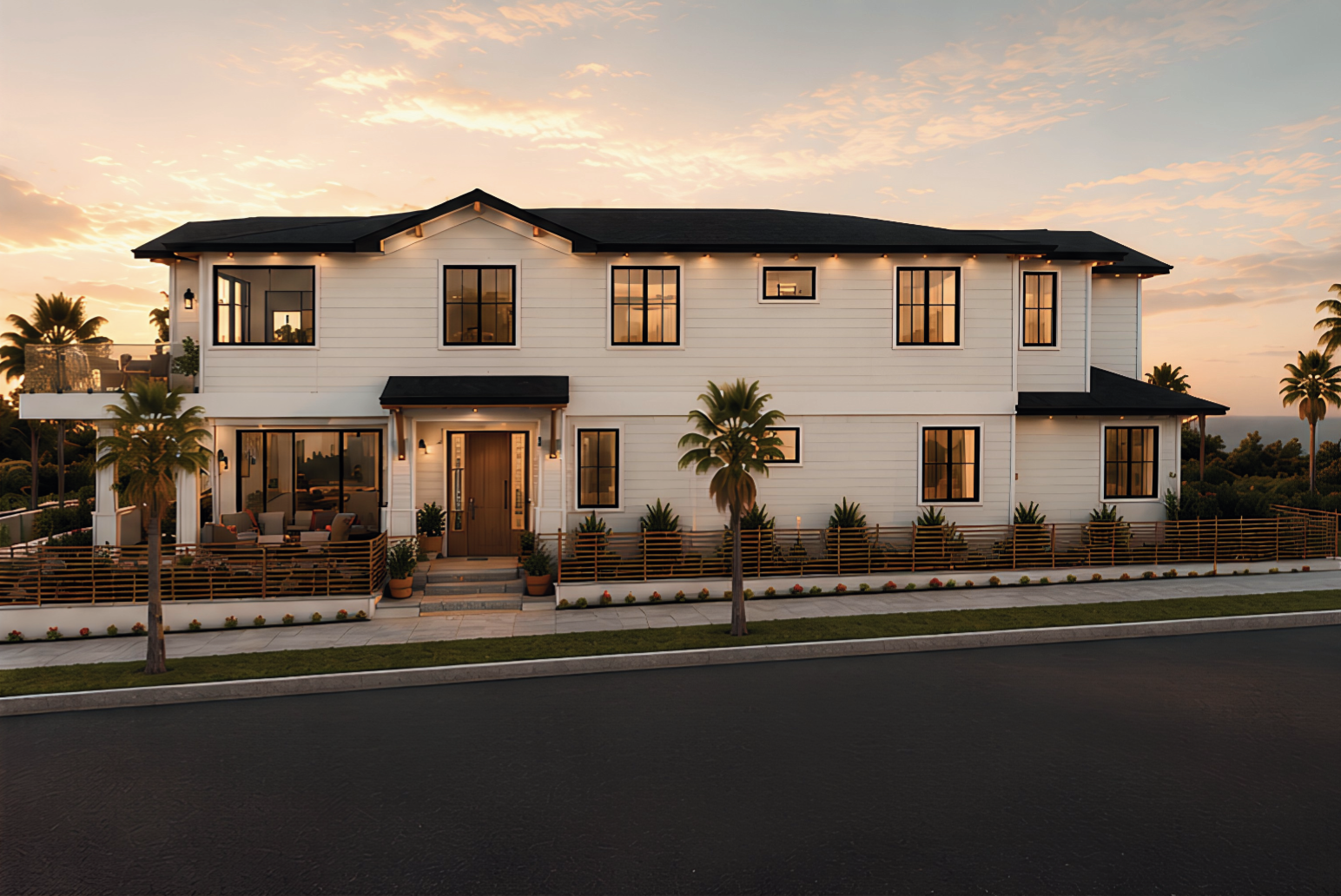 A large white modern house with multiple windows, a front porch with outdoor furniture, and a decorative fence, surrounded by palm trees at sunset.