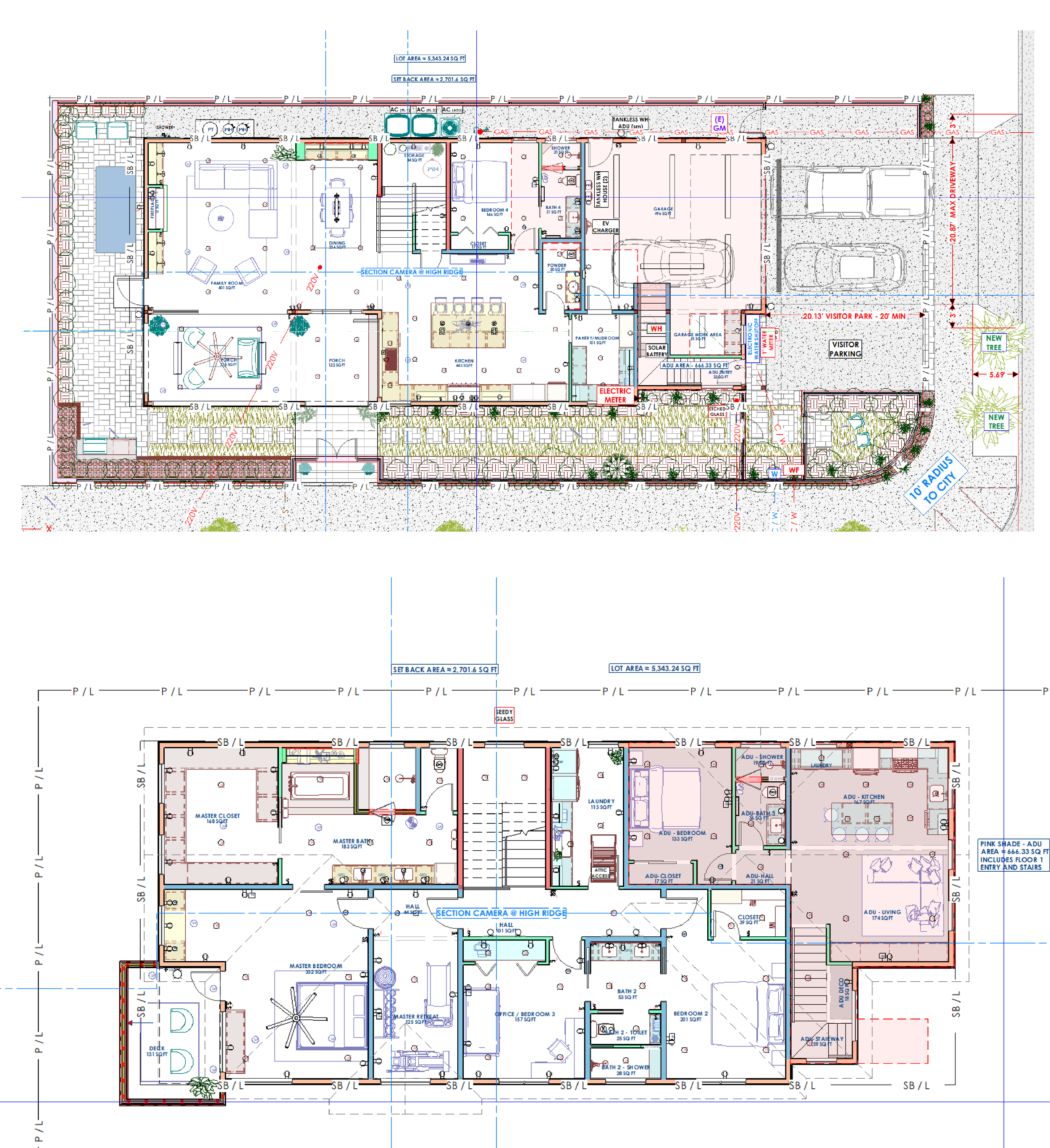 Detailed architectural blueprint of a residential house floor plan, showing rooms, walls, furniture, and outdoor areas.