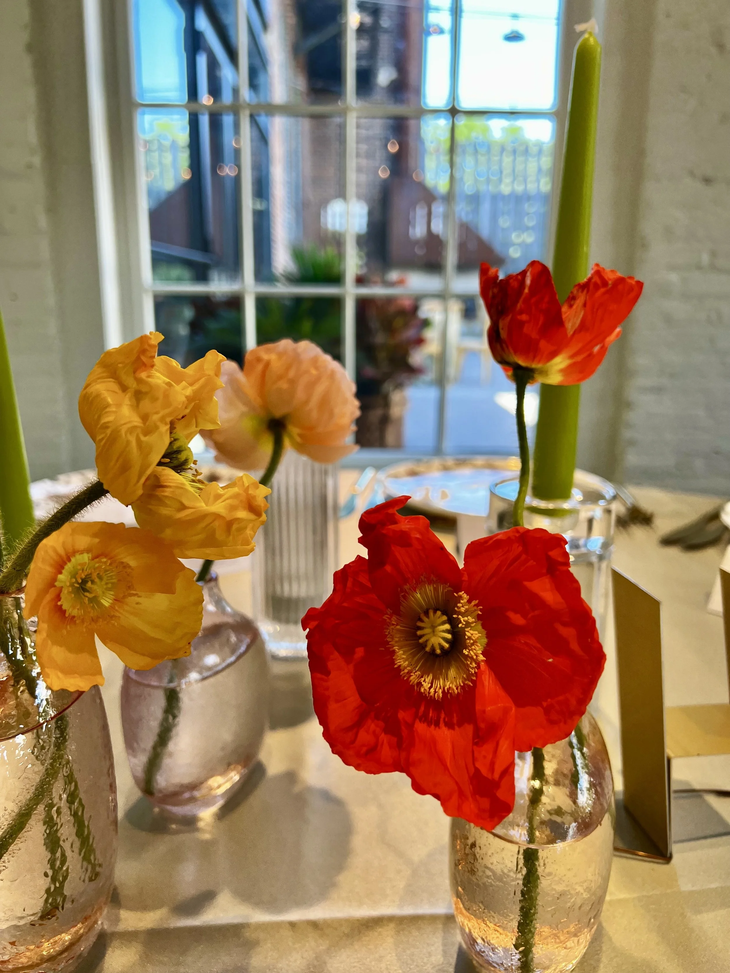 Colorful poppy flowers in small glass vases on a table near a window with a view of buildings outside.