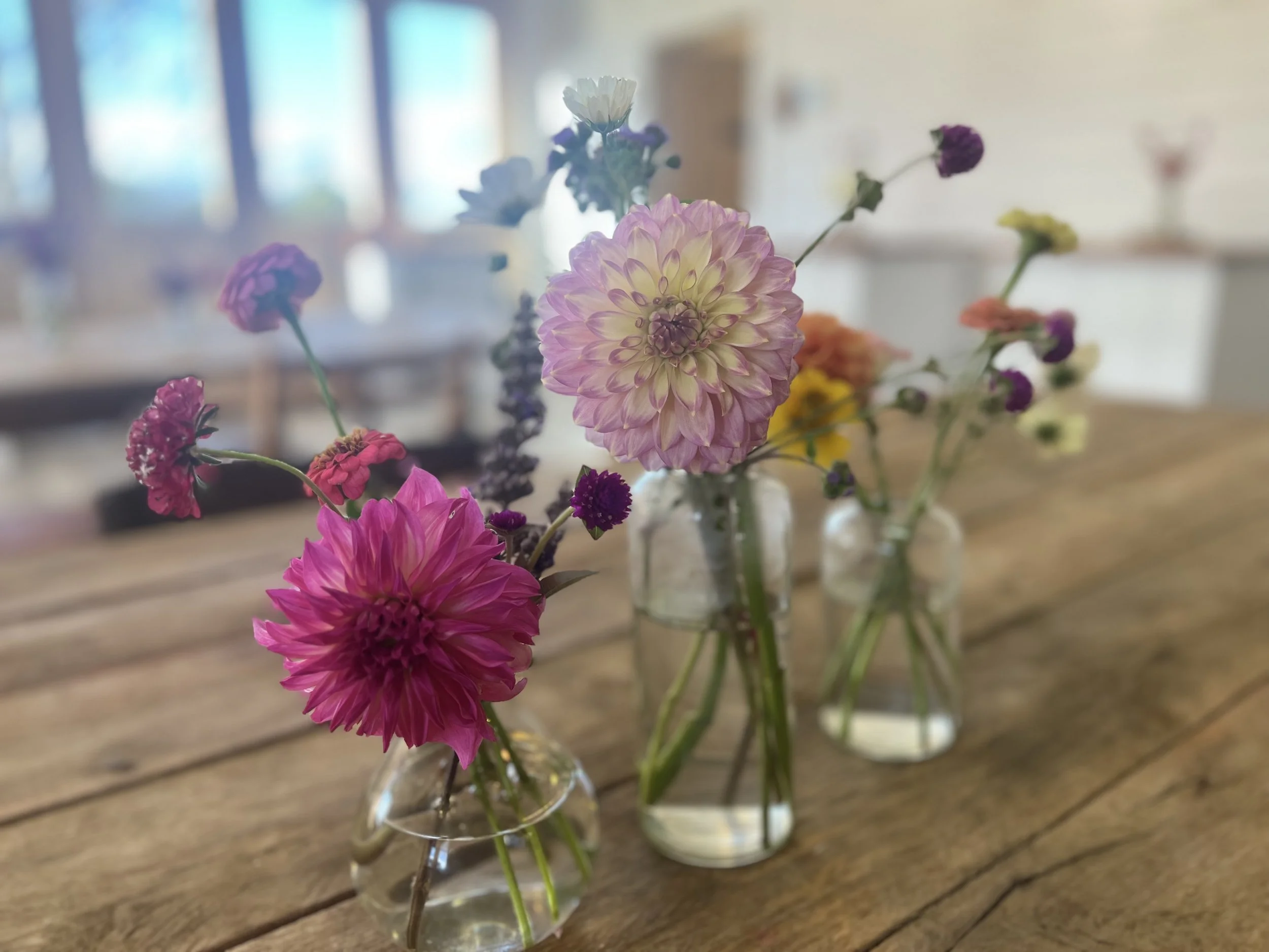 Three small glass vases with colorful flowers on a wooden table in a bright room.