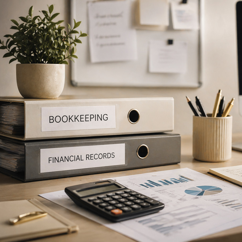 Office desk with bookkeeping and financial records binders, calculator, printed charts, a pen holder with pens, a potted plant, and a whiteboard in the background