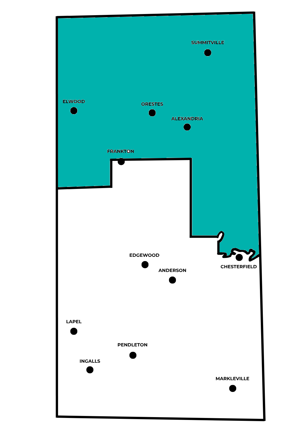 Map of District one in Madison County showing: Elwood, Orestes, Alexandria, Frankton, and Summitville with labels and dots indicating their locations.