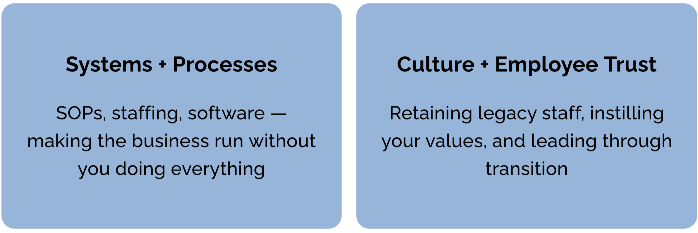 A diagram contrasting Systems and Processes with Culture and Employee Trust, highlighting SOPs, staffing, software, and business operations on the left, and retaining legacy staff, instilling values, and leading through transition on the right.