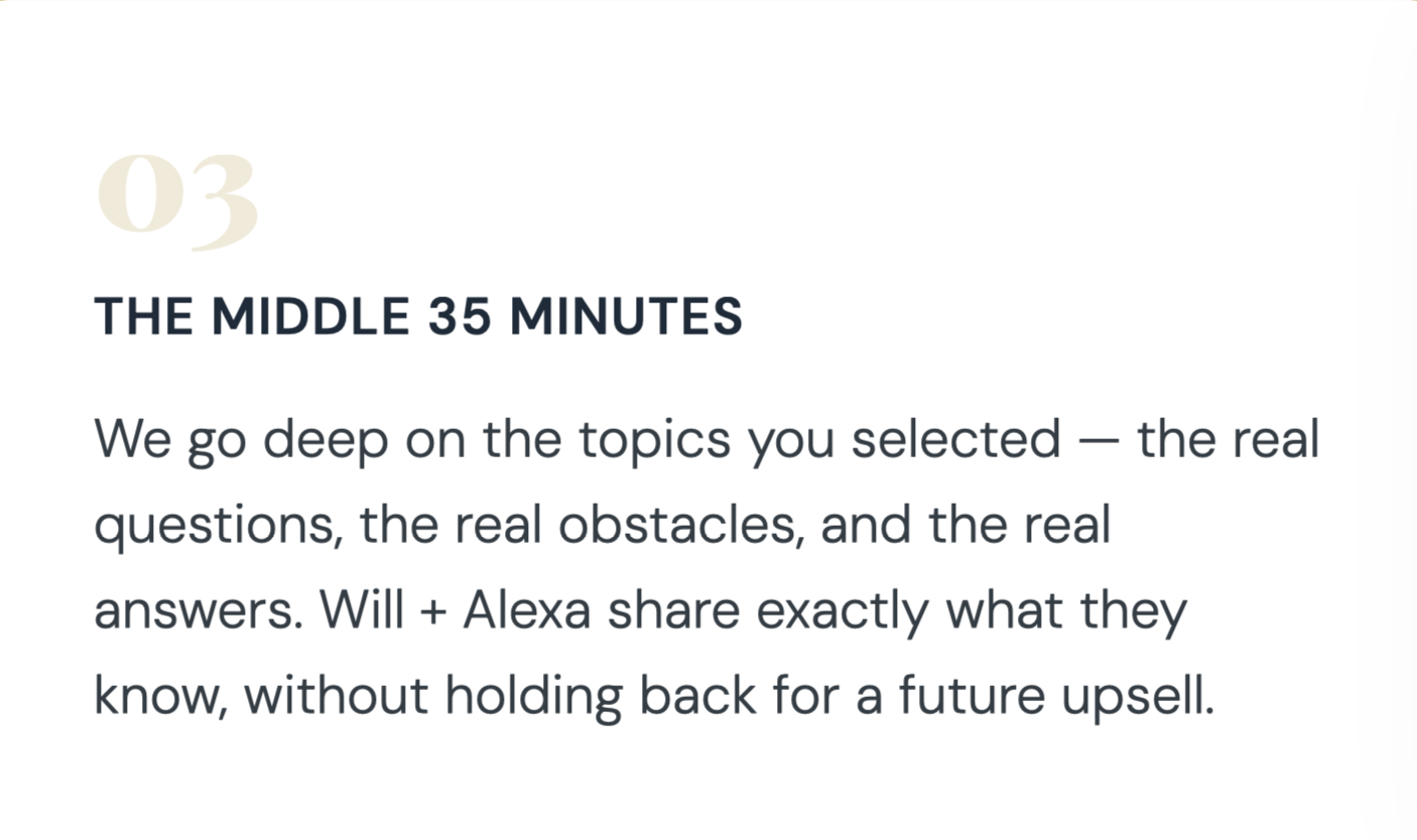 Section header labeled "The Middle 35 Minutes" with descriptive paragraph about discussing real questions, obstacles, and answers, mentioning sharing with Alexa.