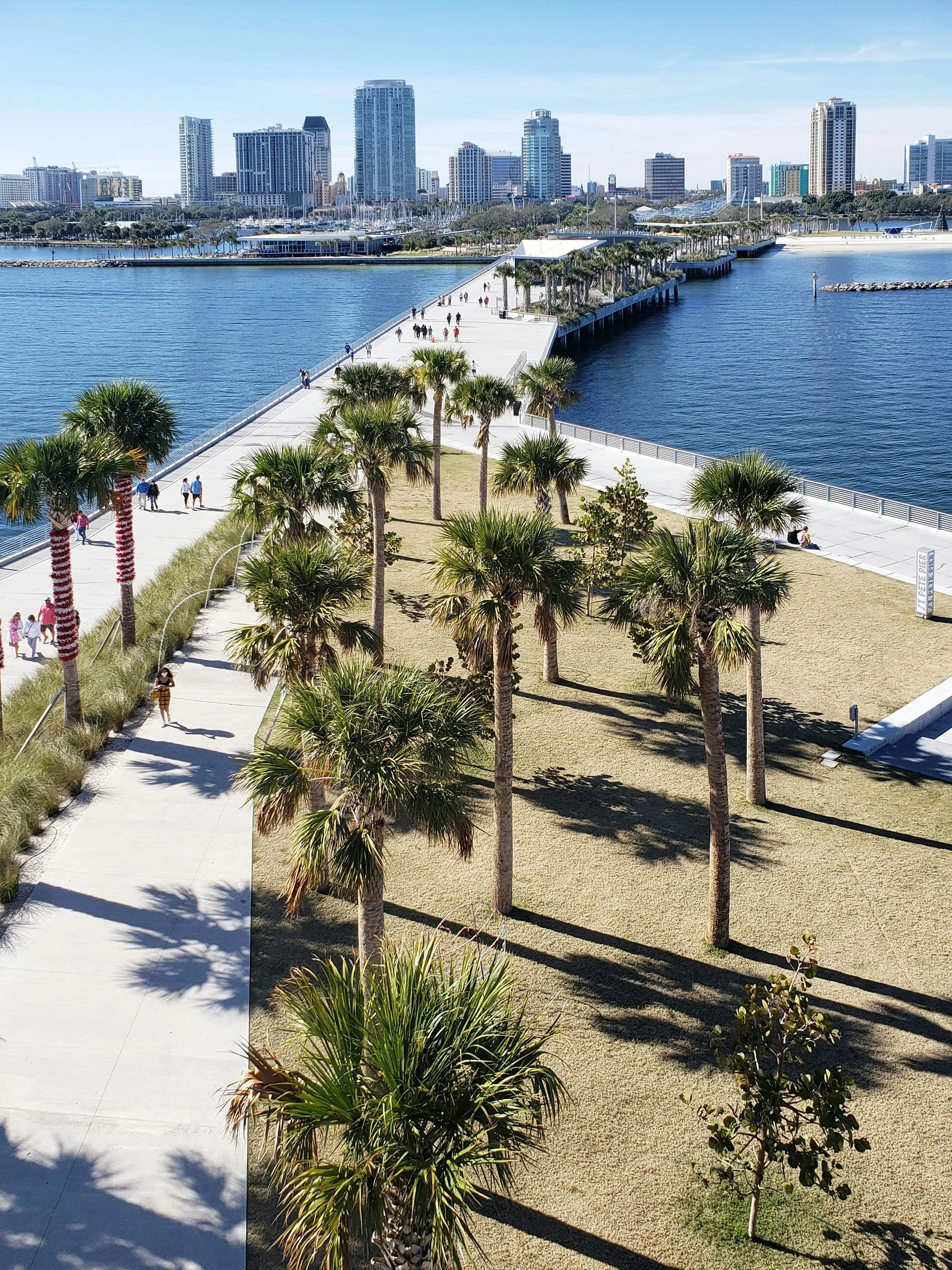 A waterfront park with a long, curved pier extending into a city skyline with tall buildings. The park has palm trees, a walking path, and people enjoying the sunny day. St. Petersburg Pier