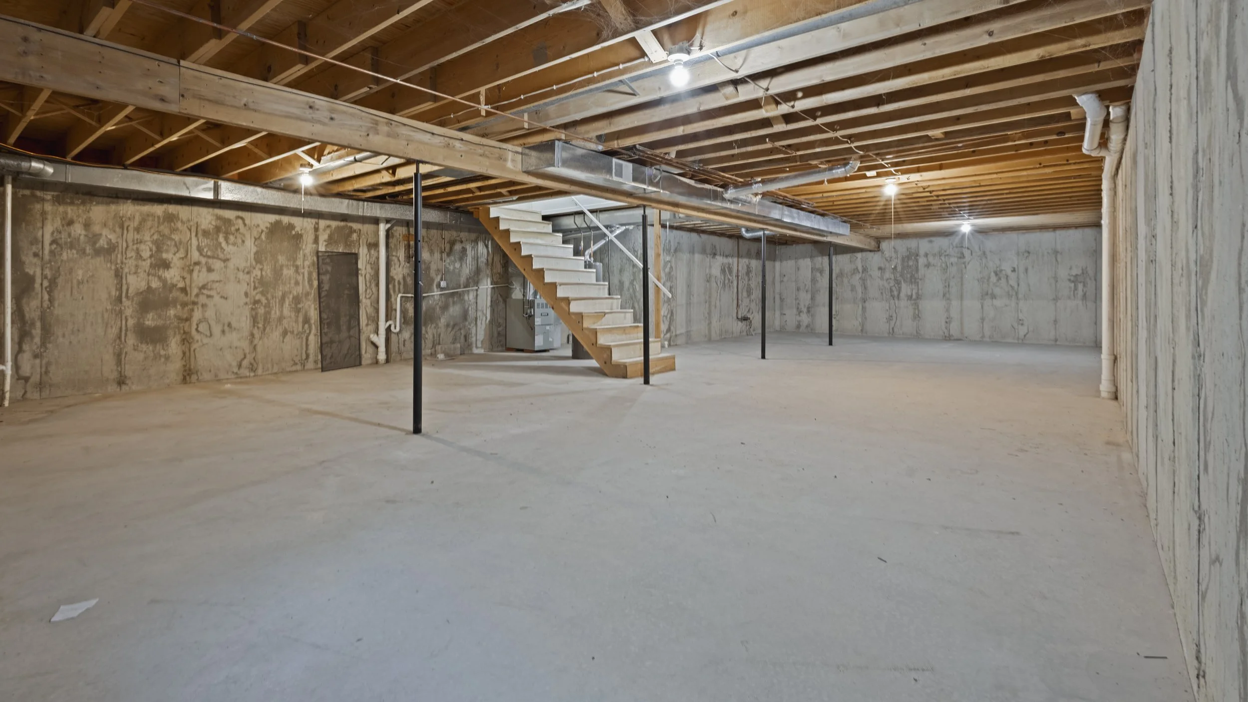 An unfinished basement with bare concrete walls, a concrete floor, and exposed wooden ceiling beams. There is a wooden staircase leading to an upper level and some pipes and ductwork visible along the walls and ceiling.
