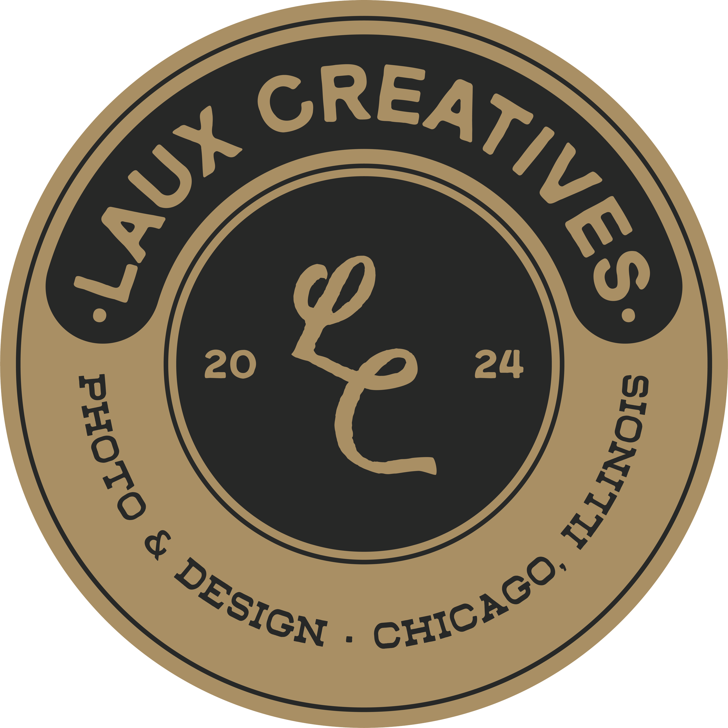 A circular logo with a black and beige color scheme. The outer ring contains the text 'LAUX CREATIVES' at the top and 'PHOTOGRAPHY & DESIGN, CHICAGO, IL' at the bottom. Inside the circle, there is a stylized 'L' and 'C' intertwined, with the years 2024 on either side.