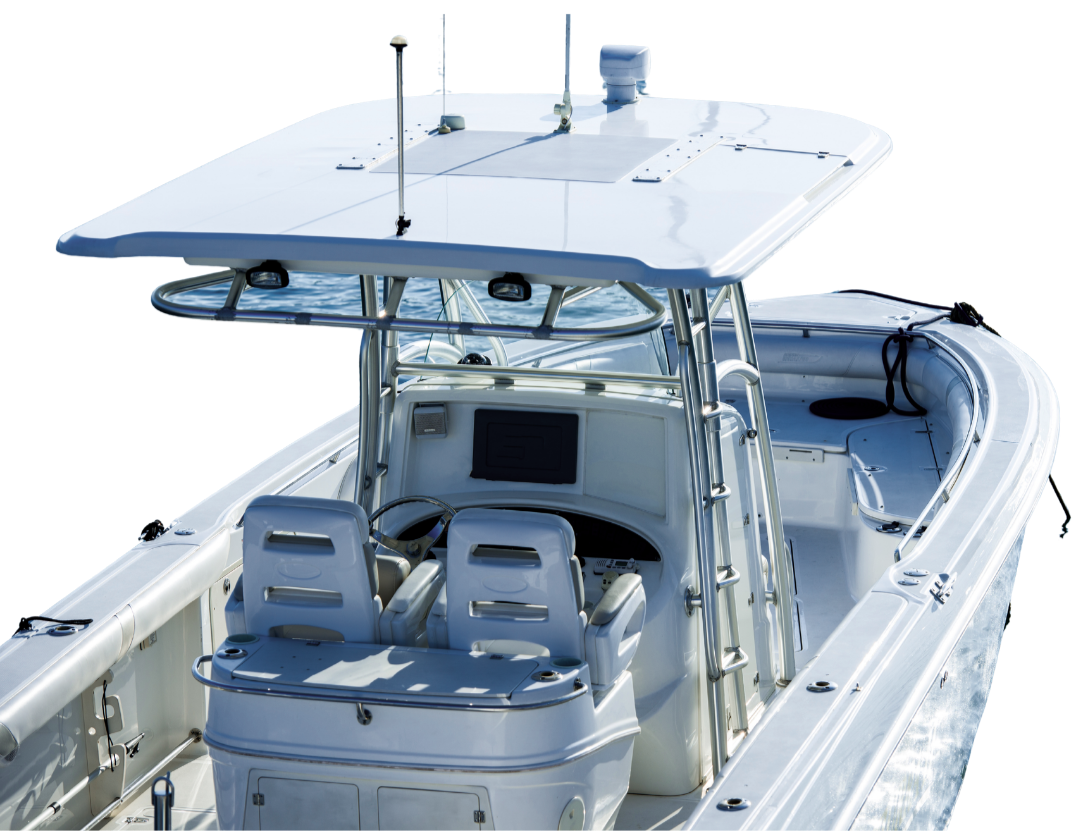 White motorboat with a T-top on the open water, featuring seating and equipment.