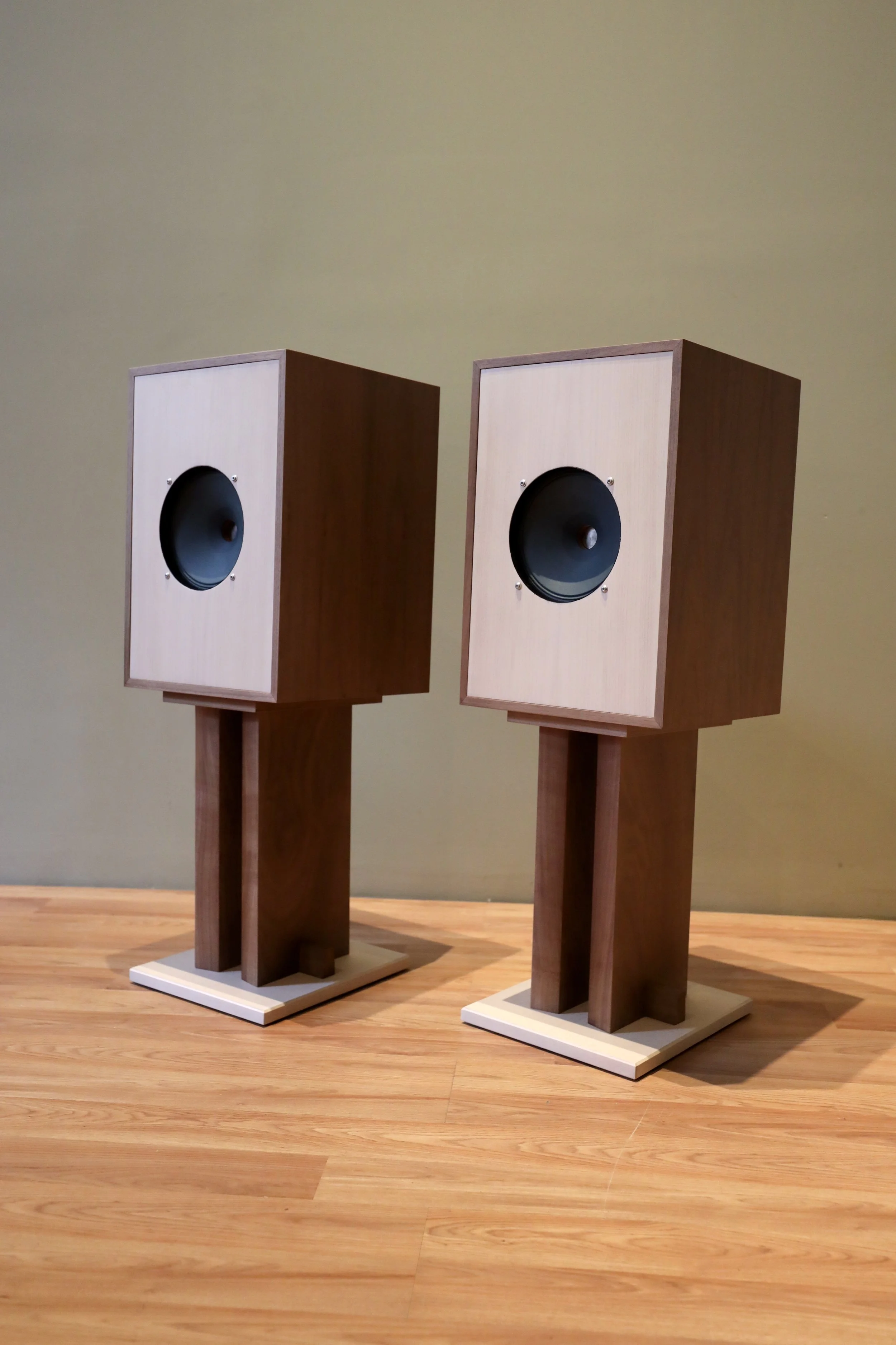 Pair of Tamba TS-1 speakers on stands. Beautifully handcrafted in NYC.
