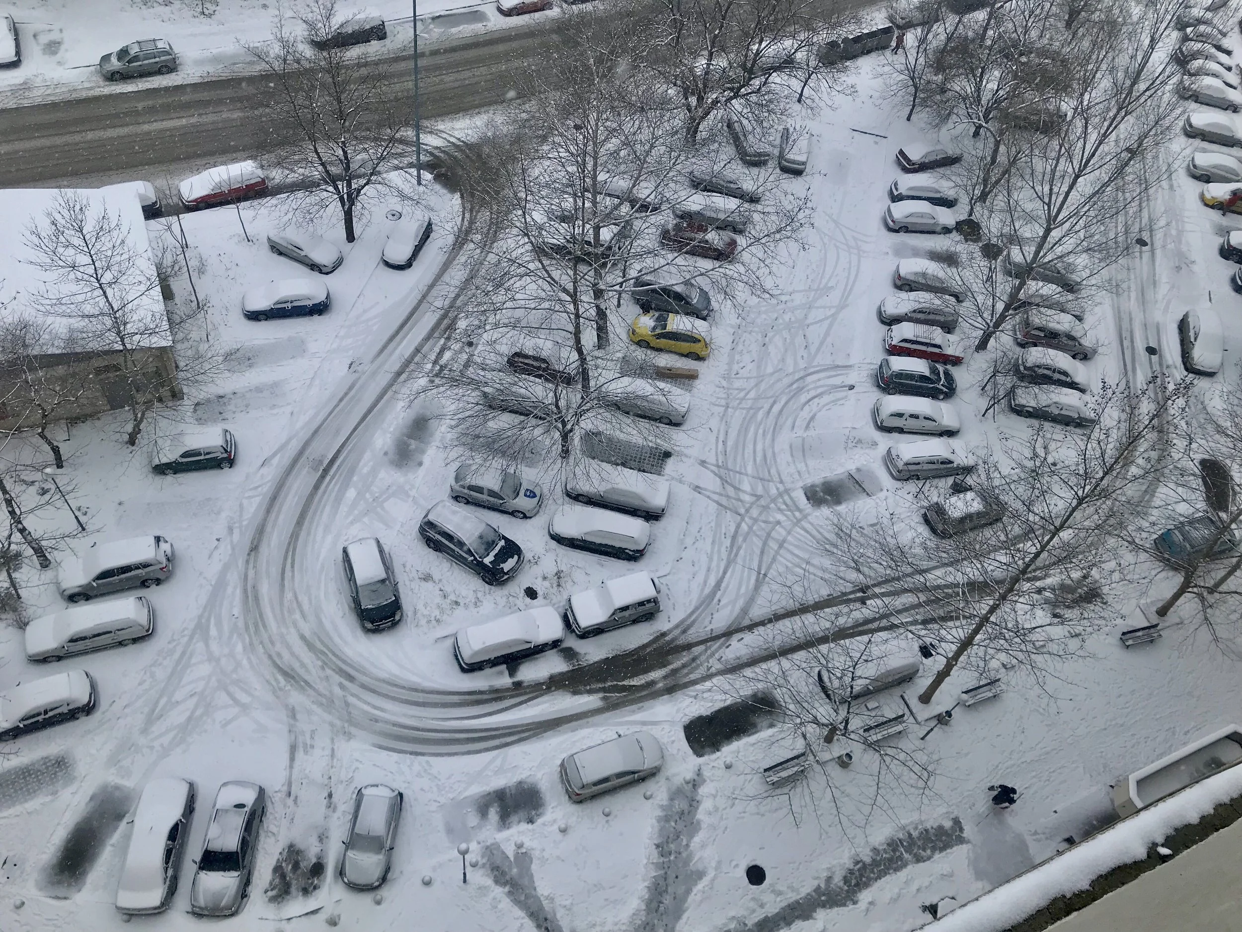 Aerial view of a snow-covered parking lot with several rows of parked cars, empty spaces, and tire tracks, surrounded by leafless trees. A street with some moving cars is visible at the top of the image.