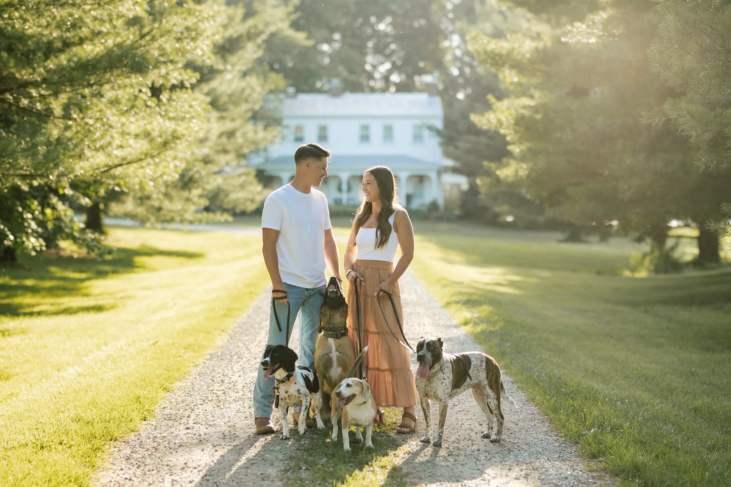 A young couple walking with multiple dogs on a gravel path in a park during late afternoon or early evening, with a large white house in the background, surrounded by green trees and sunlight filtering through the leaves.