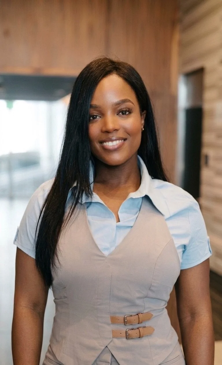 A woman with long black hair, wearing a light blue collared shirt and a beige vest with dual buckle straps, standing indoors with a wooden wall background.