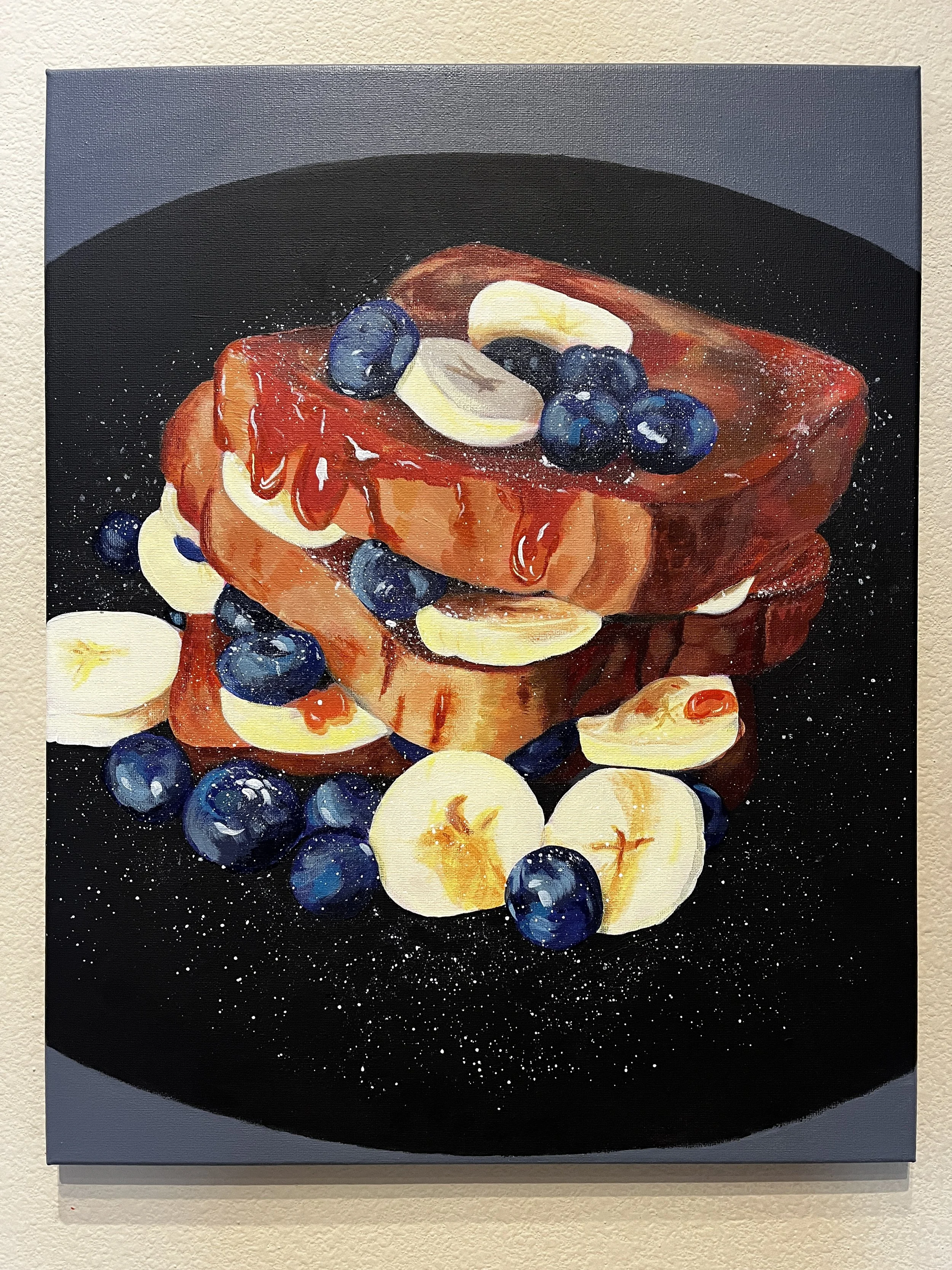 Painting of a stack of French toast topped with blueberries, banana slices, whipped cream, and drizzled with syrup, on a dark background with white specks.