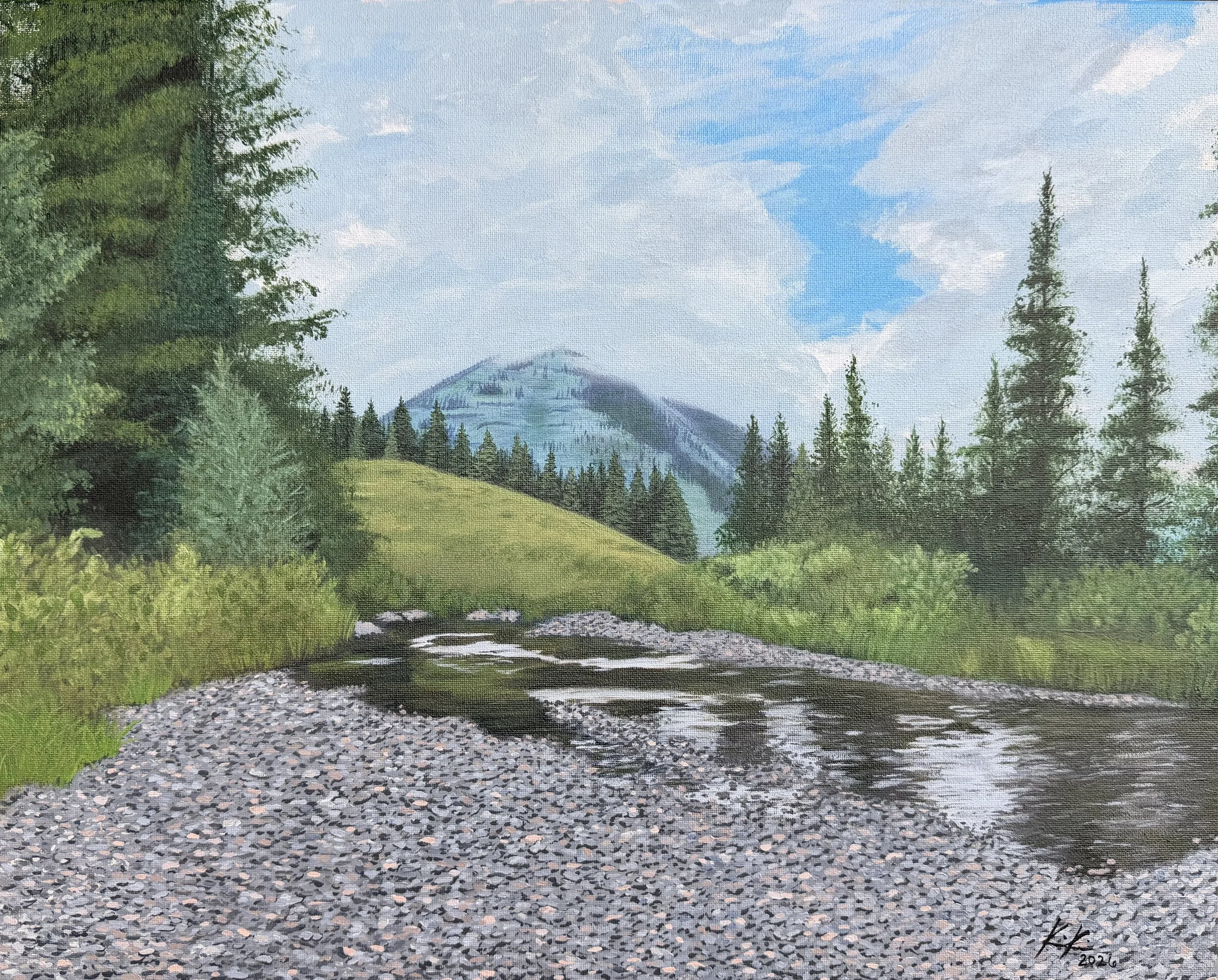 A watercolor painting of a peaceful mountain landscape with a river flowing through grassy banks, surrounded by trees and distant mountains under a partly cloudy sky.