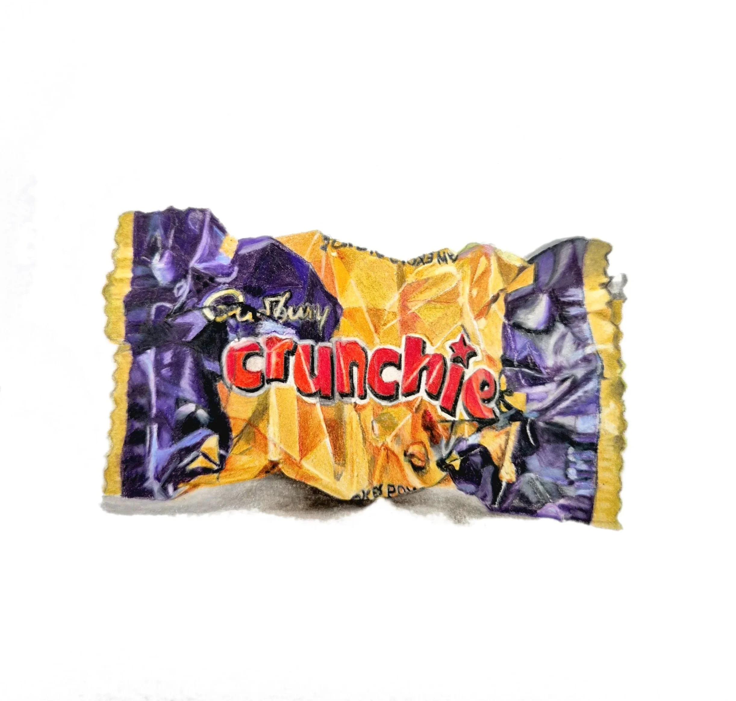 Colorful wrapped candy with purple, yellow, orange, and red wrappers on a white background.