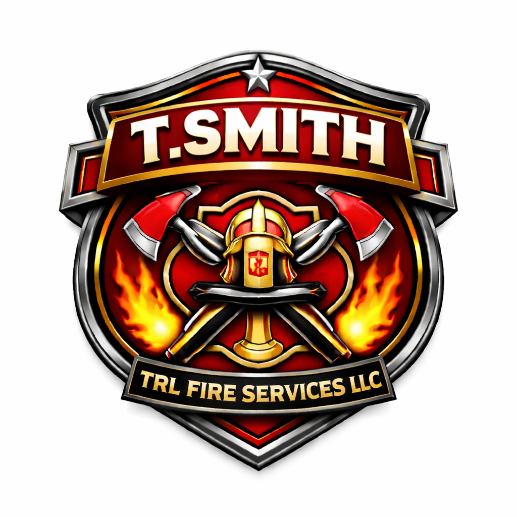 Firefighter emblem with axes and a helmet, featuring the name T. Smith and the company TRL Fire Services LLC.