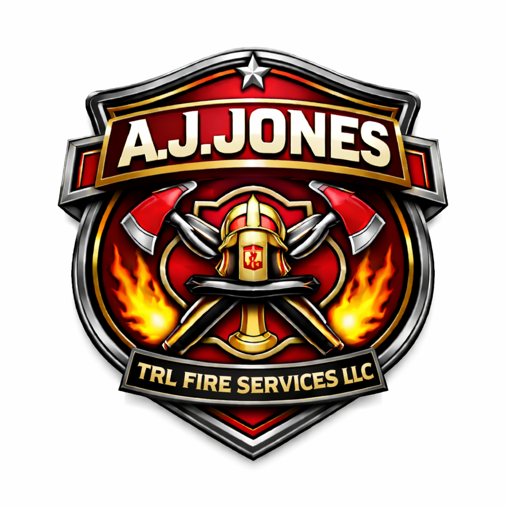 Firefighter badge with crossed axes, fire flames, and the text 'A.J. JONES' and 'TRL FIRE SERVICES LLC'.