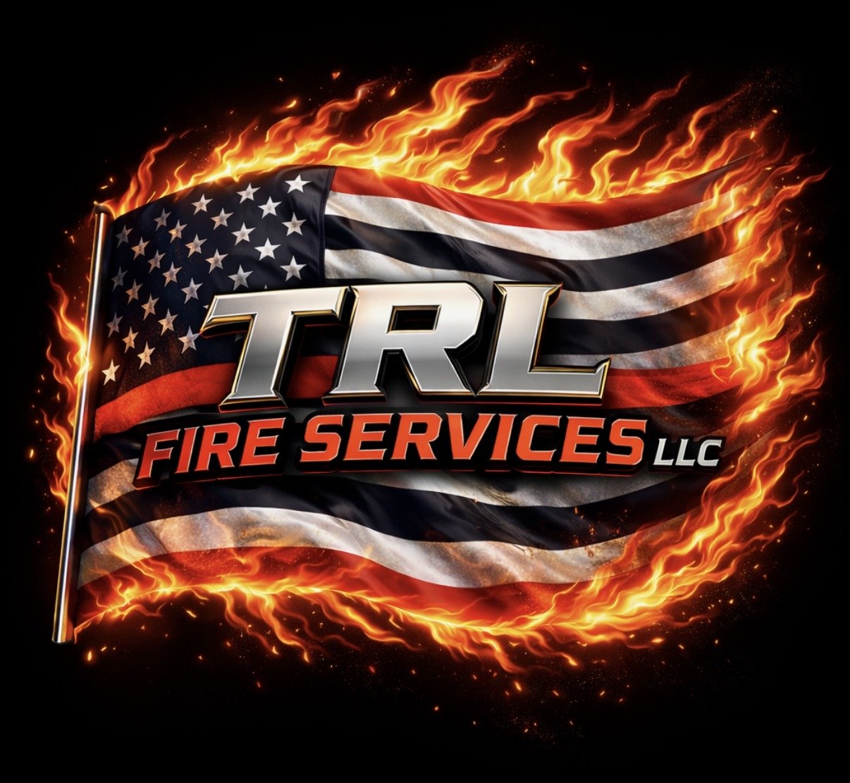 A flaming American flag with the words 'TRL Fire Services LLC' in bold metallic and red lettering.
