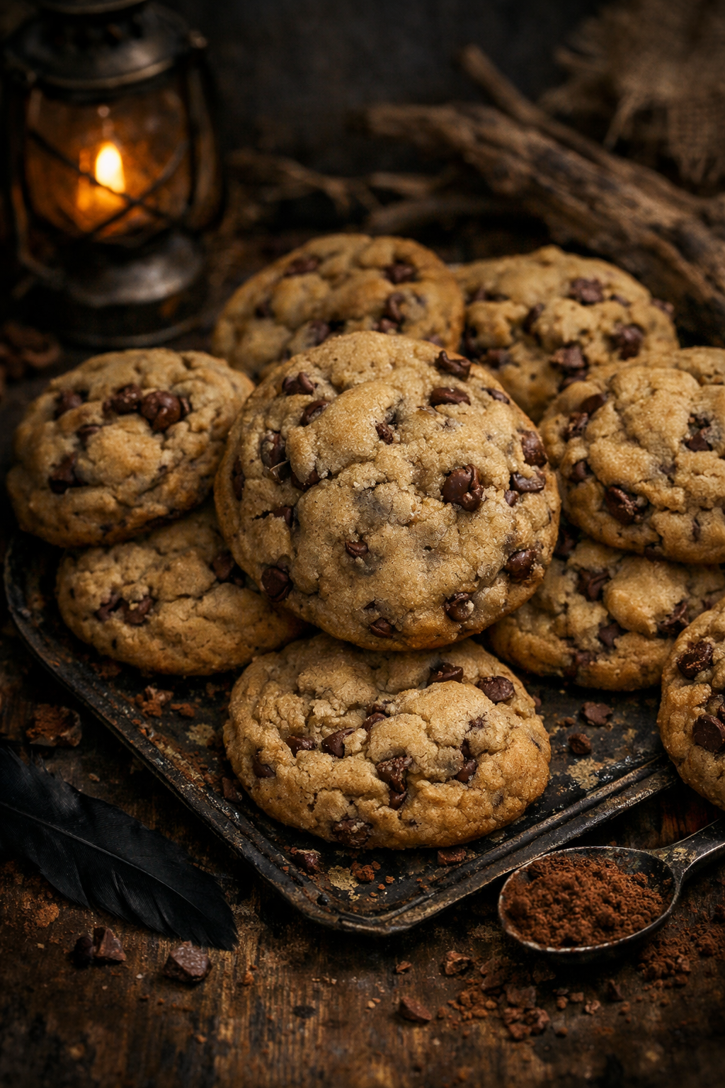 A tray of freshly baked chocolate chip cookies on a rustic wooden surface with a lit lantern in the background.