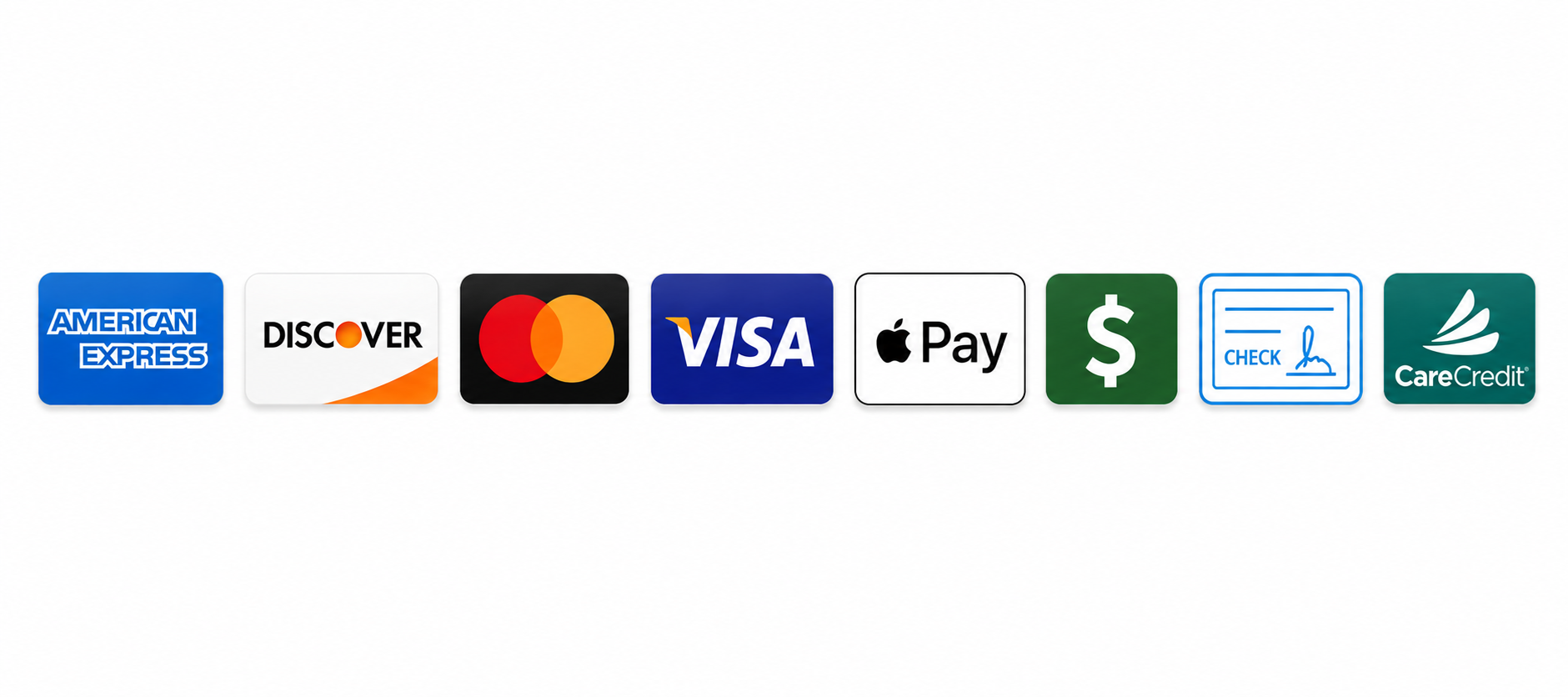 Accepted payment methods at Dental Care of Cerritos, including American Express, Discover, Mastercard, Visa, Apple Pay, cash, checks, and CareCredit.