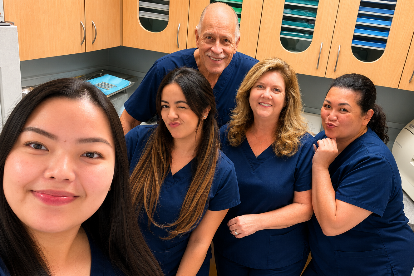 Friendly Dental Care of Cerritos team members smiling together inside the office, welcoming patients to their family dental practice in Cerritos, California.