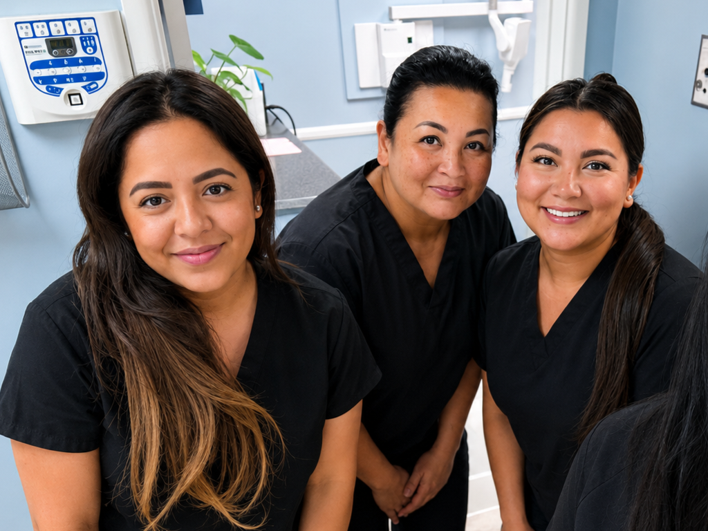 Dental Care of Cerritos team smiling together inside the dental office in Cerritos, California.