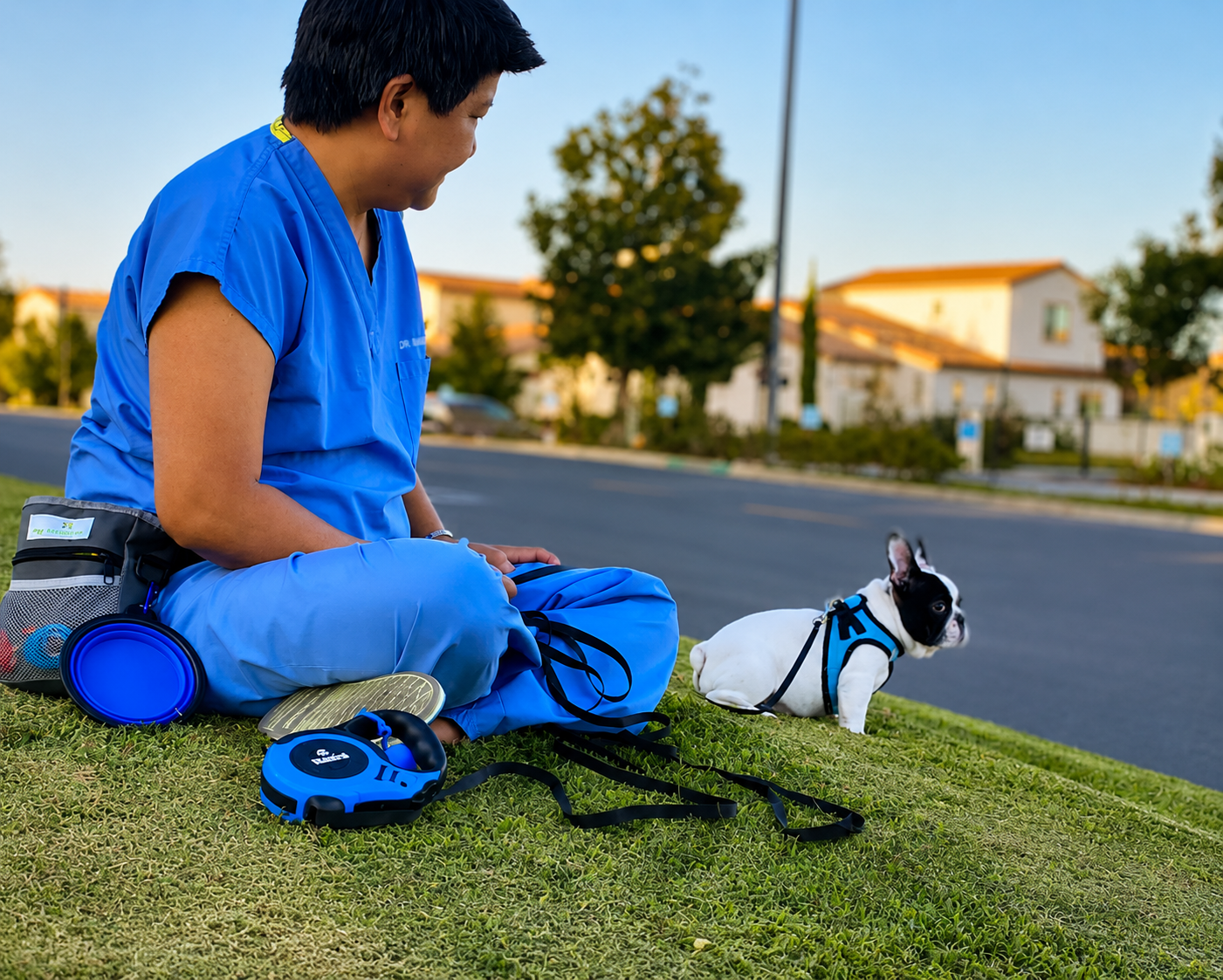 Dr. Marbea Dazo spends time outdoors with Alex, the Dental Care of Cerritos office mascot, reflecting her caring personality and love for family, community, and life beyond the practice.