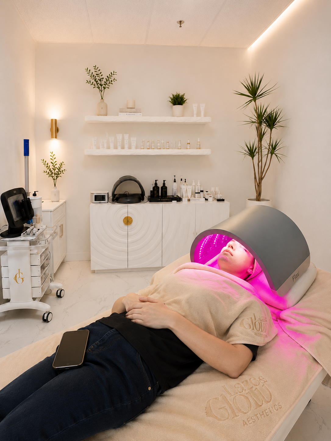 A person lying down on a treatment bed in a spa or skincare clinic with a pink light therapy device over their face, in a clean, minimalist room with white walls, potted plants, and skincare products on shelves.