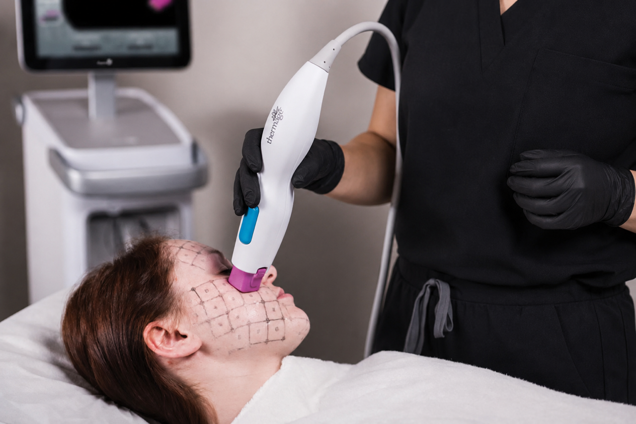 Medical professional in black scrubs and black gloves using a Thermage device on a woman's face, with grid markings drawn on her face for a cosmetic procedure, in a clinical setting.