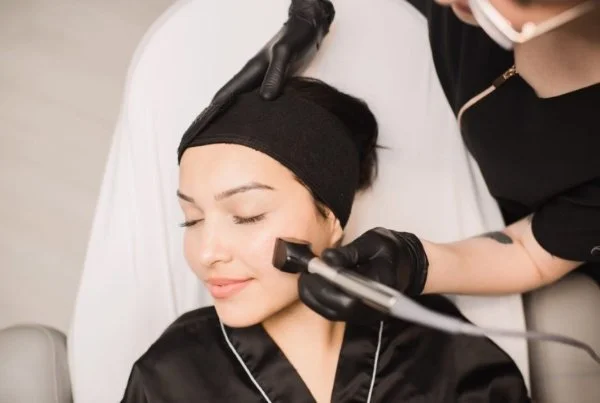 A woman receiving a facial treatment while lying down with her eyes closed, wearing a headband, as a skincare professional in gloves uses a handheld device on her face.