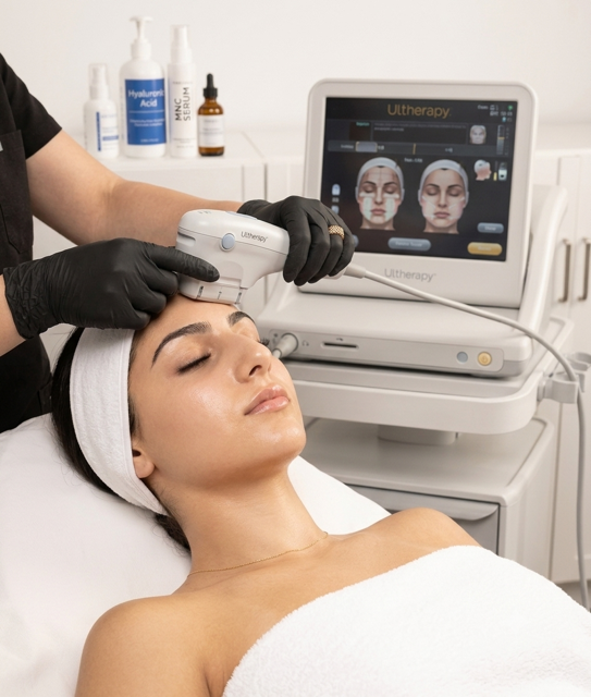 A woman receiving a facial treatment with a device while lying on a treatment bed, with skincare products on a shelf and a digital skincare analysis screen in the background.