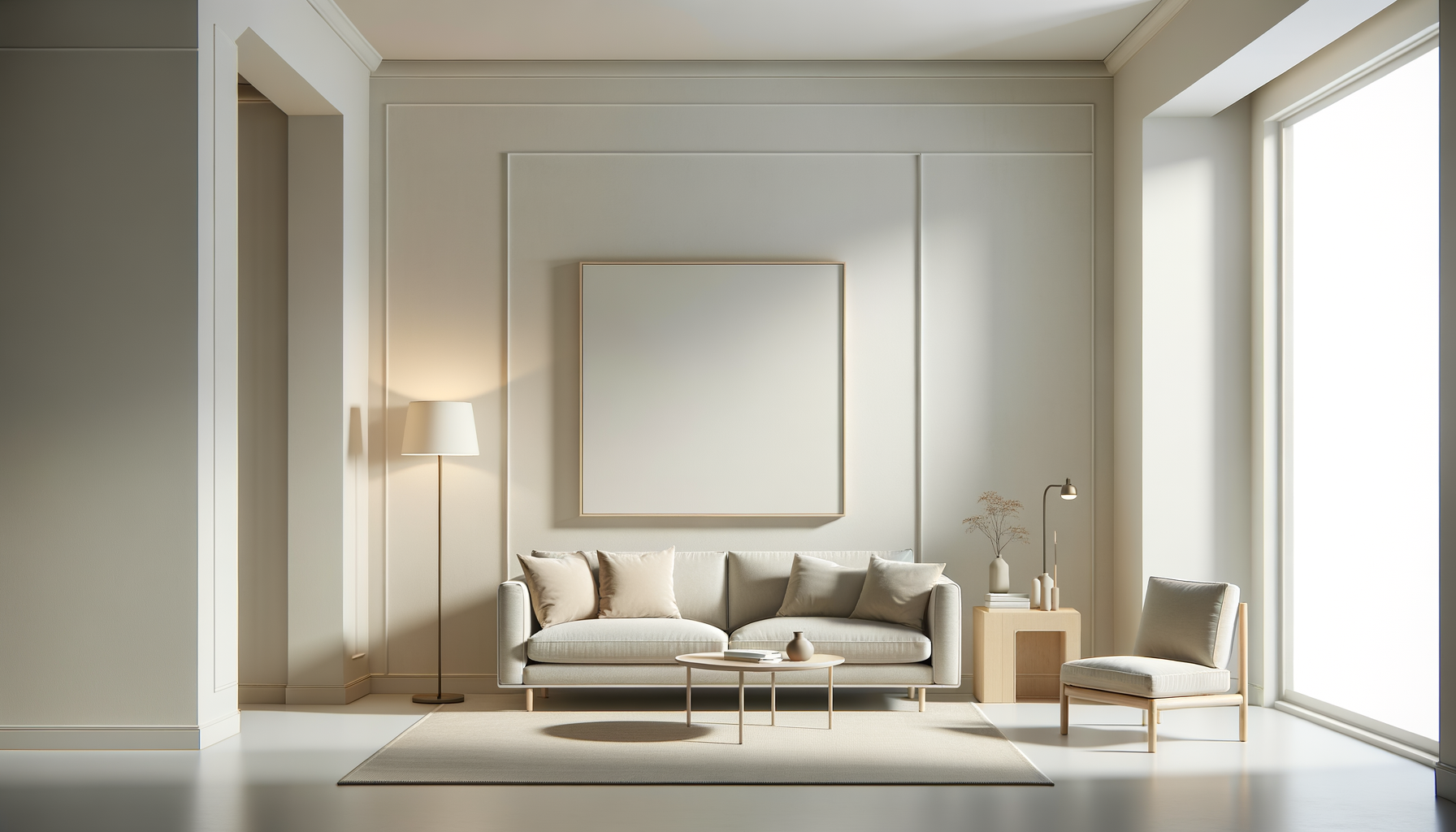 Minimalist living room with a light beige sofa, single armchair, small round coffee table, side table with decorative objects, lamp, tall window, and simple wall art.