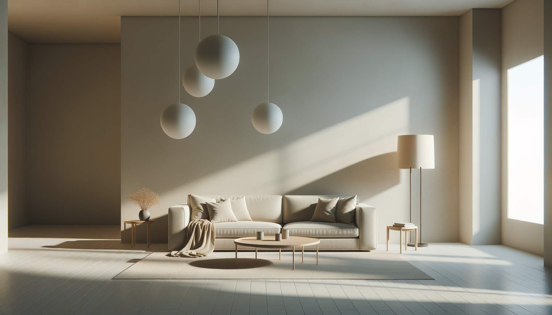 A minimalist living room with a beige sofa, a round coffee table, a floor lamp, a side table with books and a vase with dried flowers, and modern hanging pendant lights, illuminated by natural sunlight through large windows.