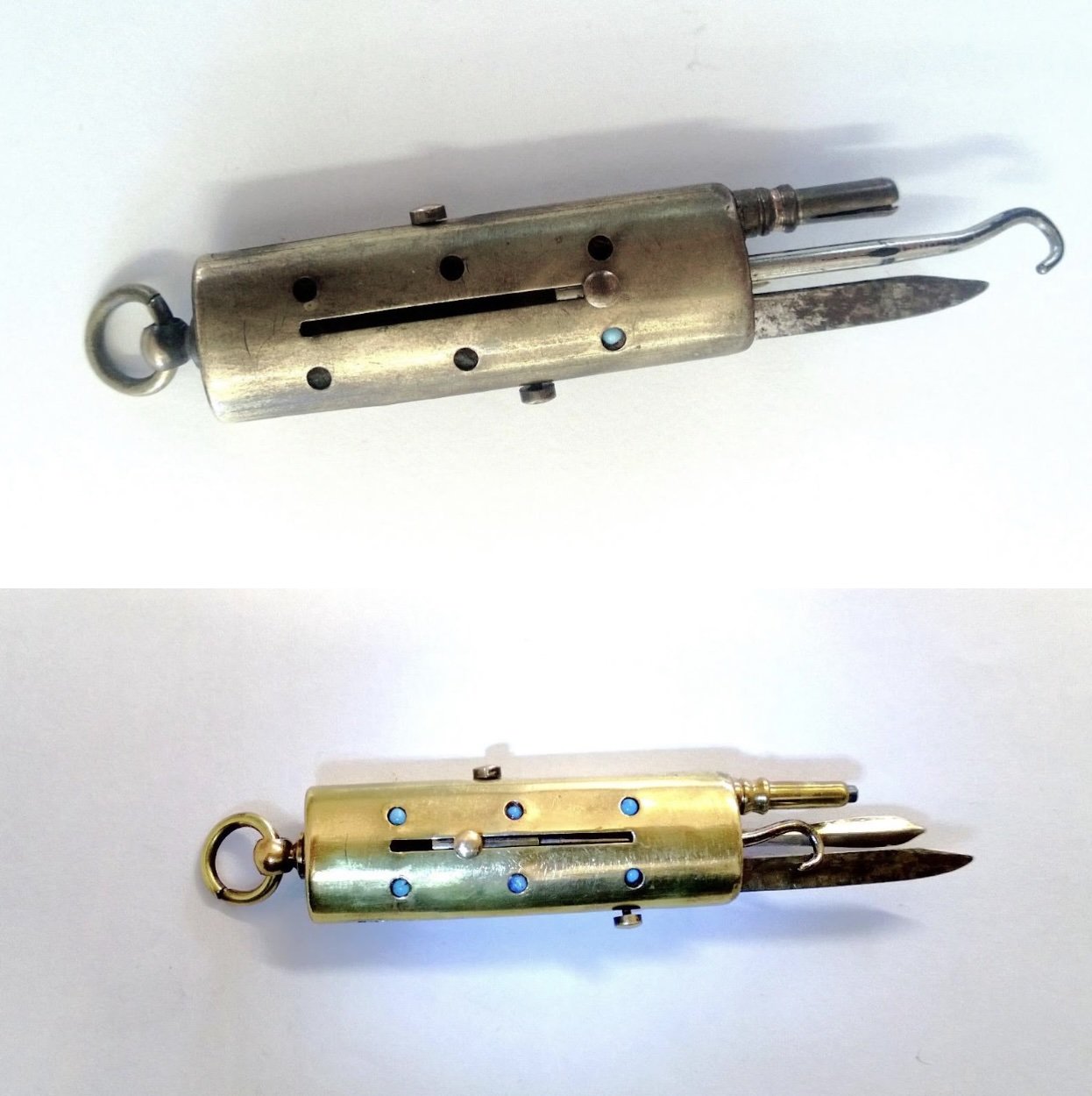 Comparison of an antique mechanical device before and after cleaning and polishing.