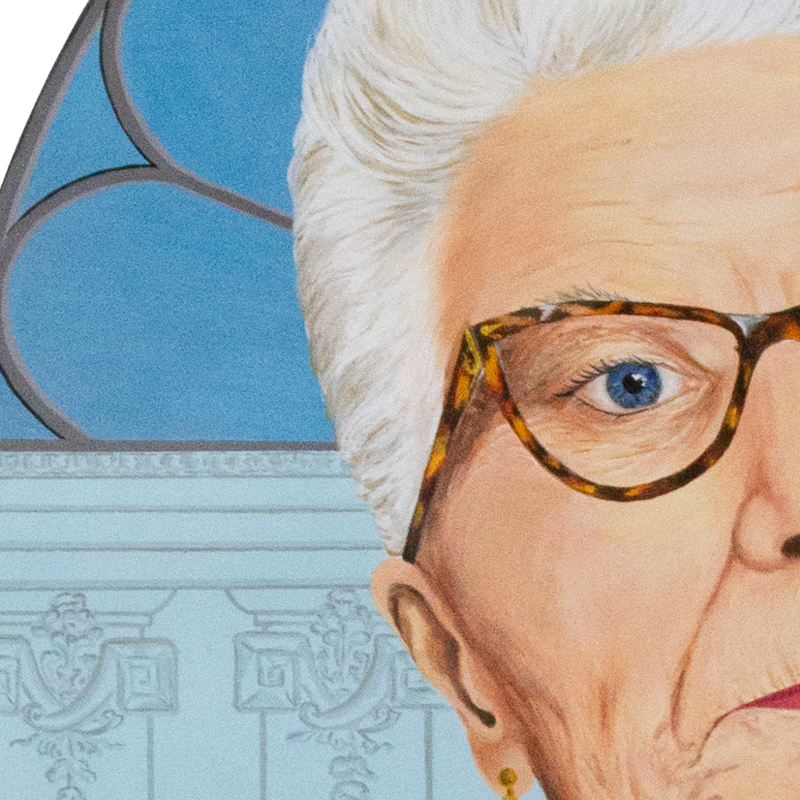 Close-up of a portrait painting of an elderly woman with white hair, wearing tortoiseshell glasses, and blue eyes, against a blue and gray background.
