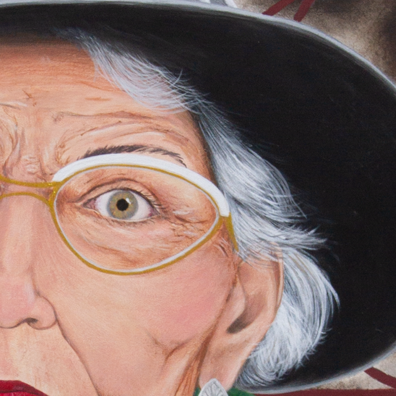 Close-up of a painted portrait of an elderly woman with white hair, wearing glasses and a dark hat.