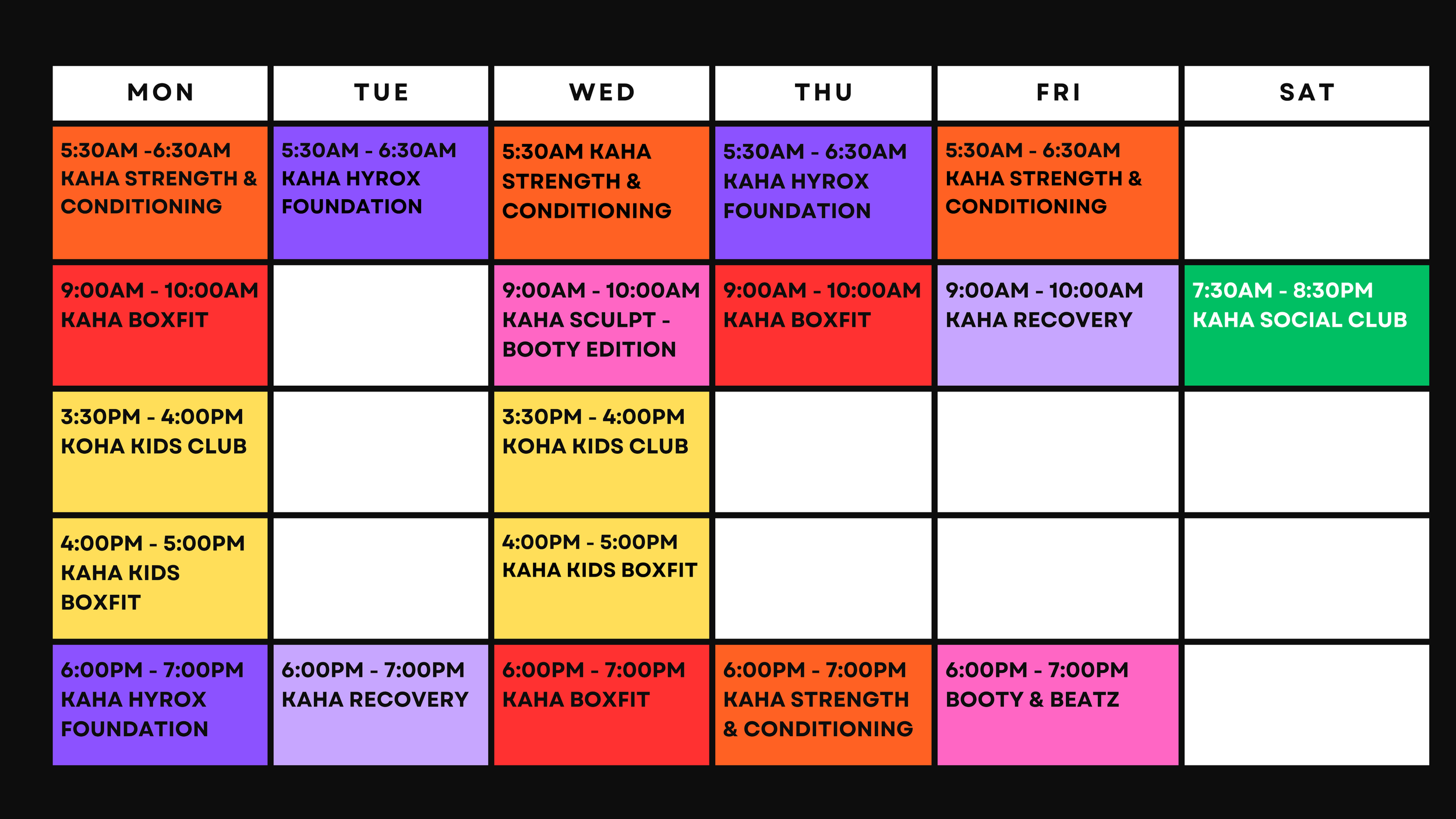 Weekly fitness class schedule with various workouts from Monday to Saturday, including strength training, boxfit, social club, and recovery classes, color-coded by day.