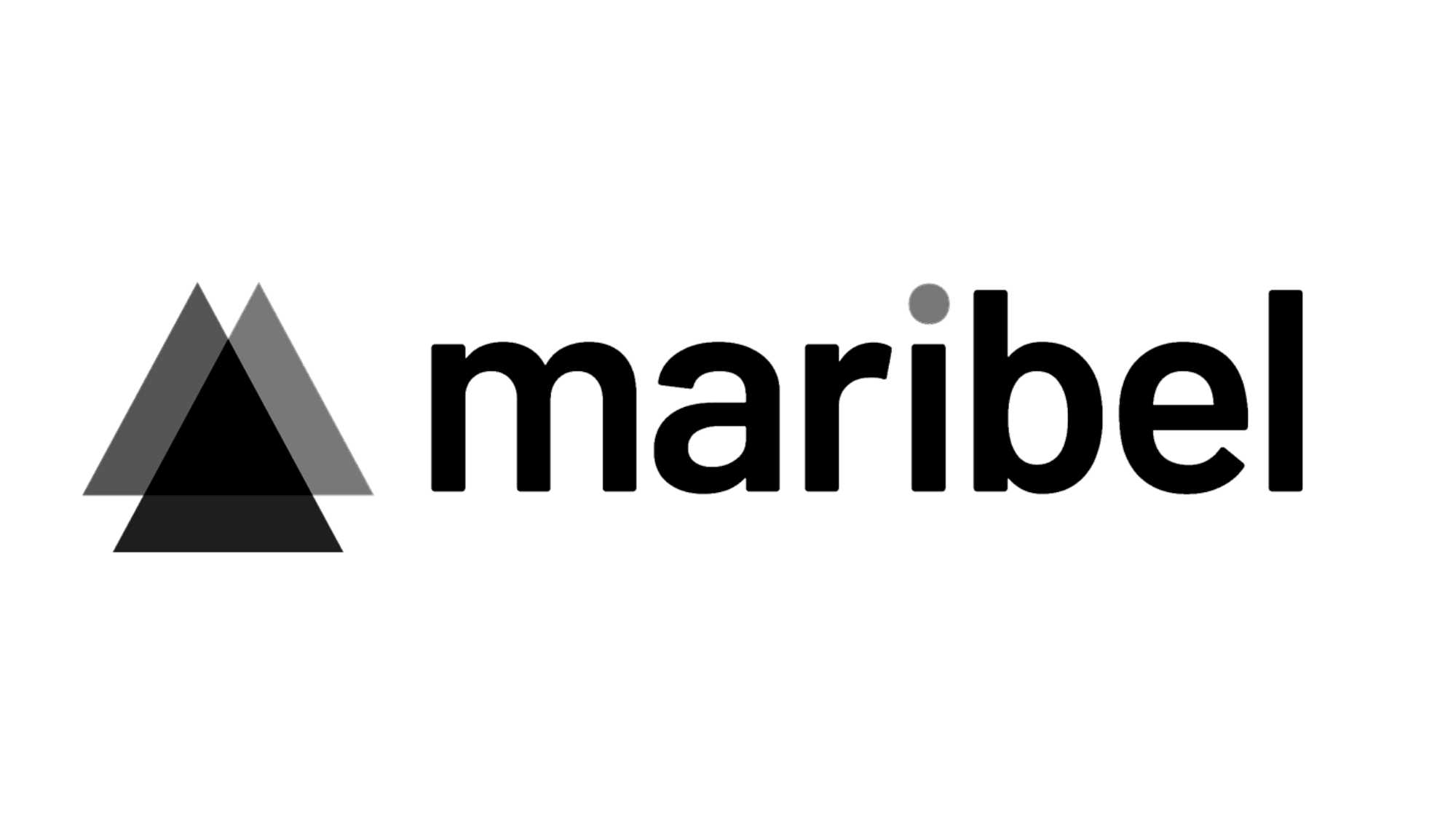 Logo with two overlapping triangles in different shades of gray and the word "maribel" in lowercase black letters.