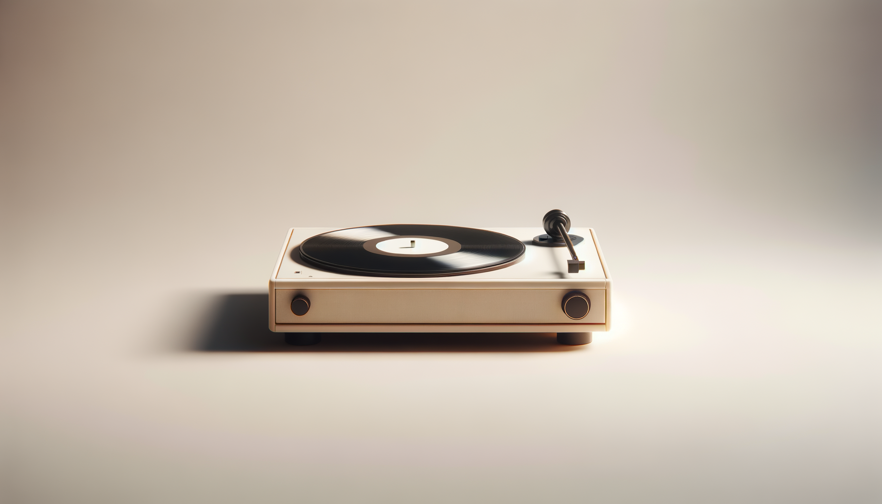 A vintage turntable with a black vinyl record on it, set against a plain light background.