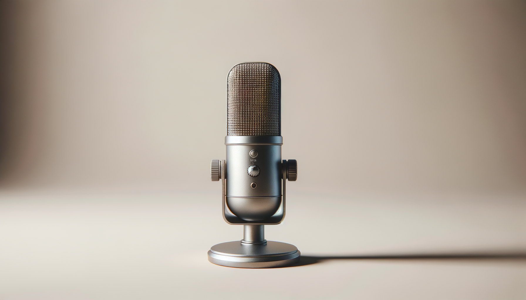 A vintage-style silver microphone on a round stand against a plain background.