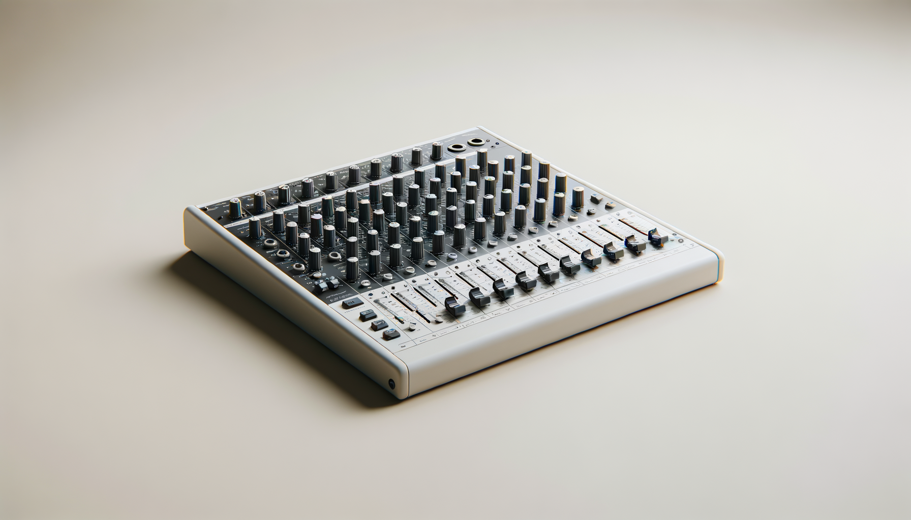 A professional audio mixing console with multiple knobs, sliders, and input jacks on a light-colored surface.