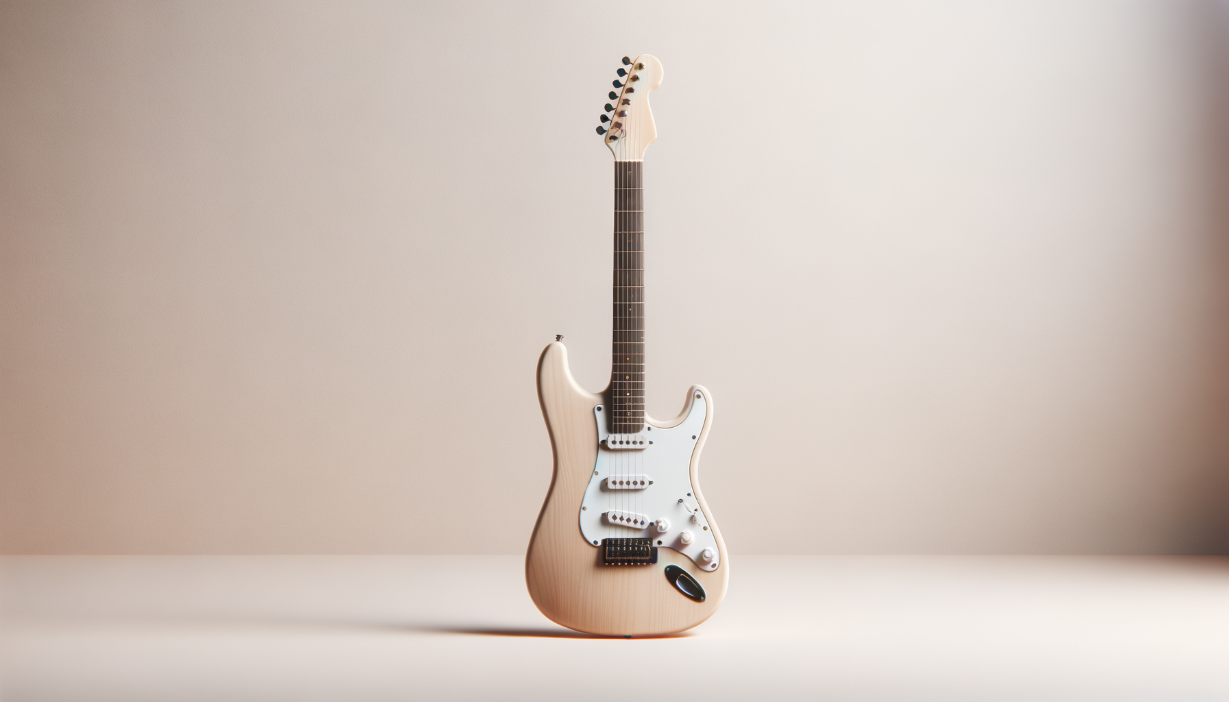 Cream-colored electric guitar standing upright against a plain two-tone background.