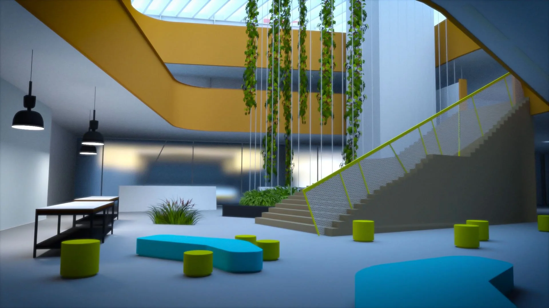 Architectural render of a spacious, contemporary lobby concept with minimalist interior design, organic elements, and geometric furniture under a large skylight.