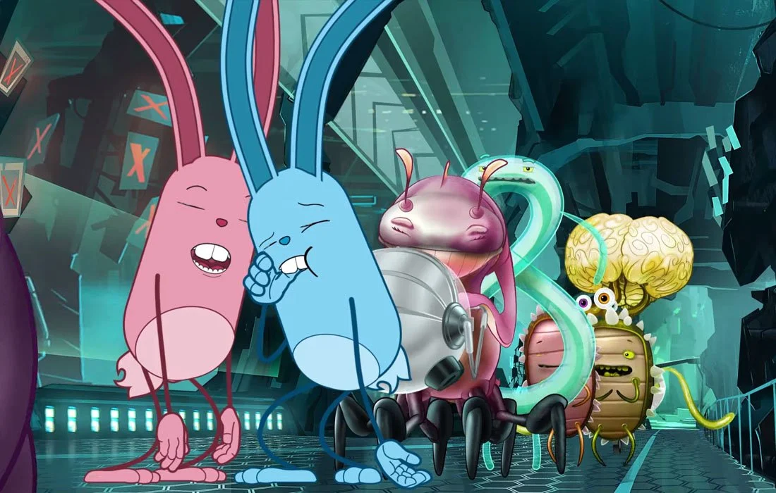 2D digital character animation frame featuring quirky alien creatures, created using puppet IK rigs for Monkeystack.