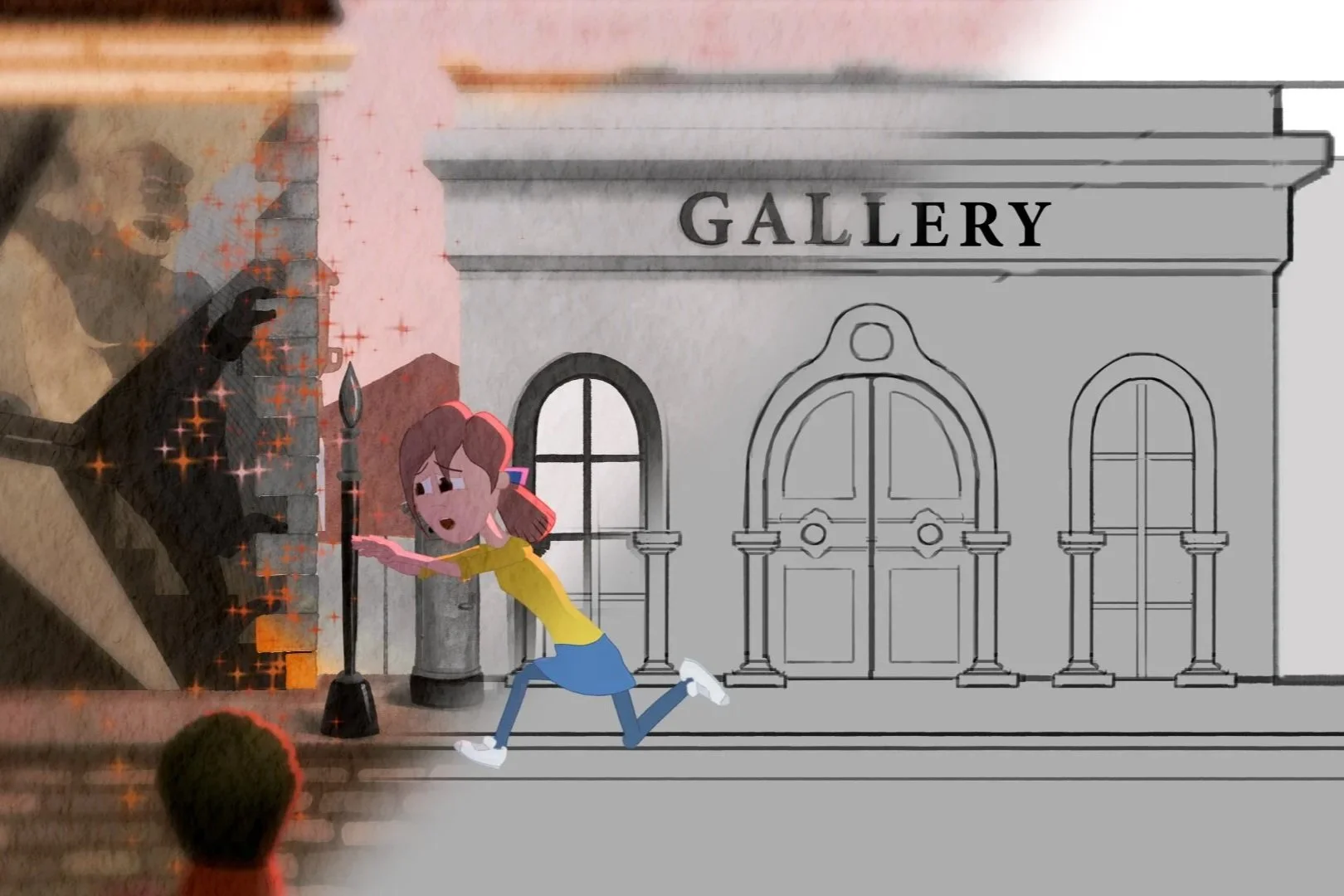 Still from Alistair Schmidt's animated film Chloe's Palette, showcasing a visual transition from a textured 2D world to an uncoloured background layout sketch.