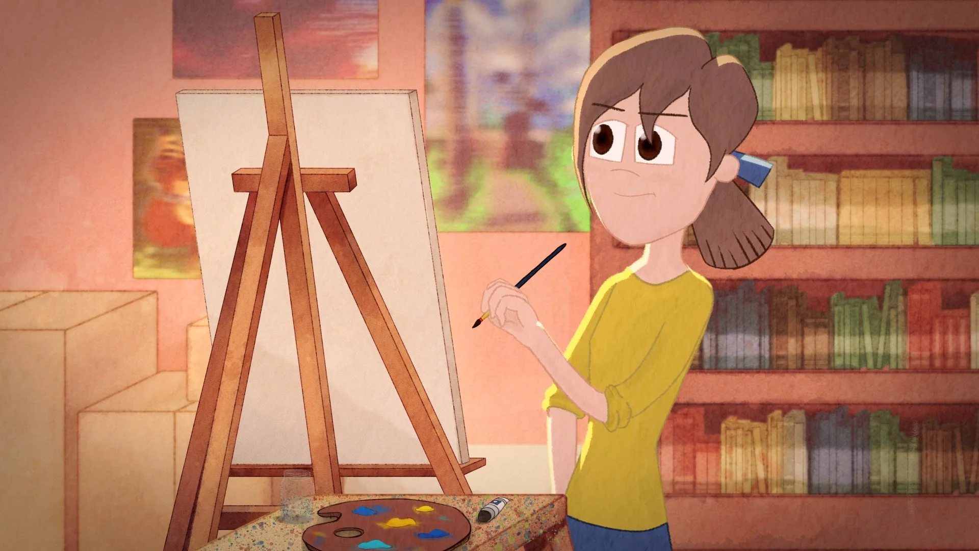 Still from Chloe's Palette, a 2D animated film directed by Alistair Schmidt, showcasing a character built with puppet IK rigs painting in an art studio.