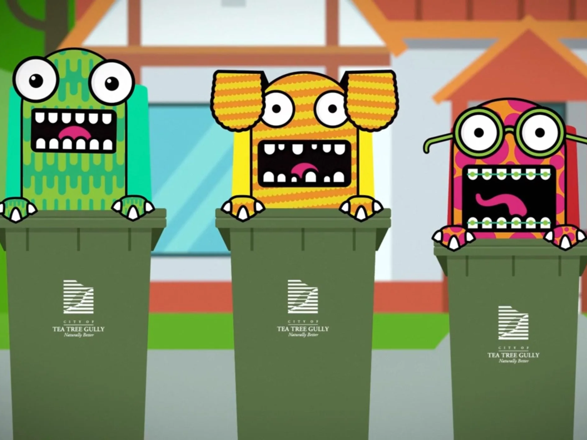 2D vector character animation for City of Tea Tree Gully council. Three colorful cartoon bin monsters peeking out of green recycling bins, showcasing custom motion graphics, storytelling, and local government video production.